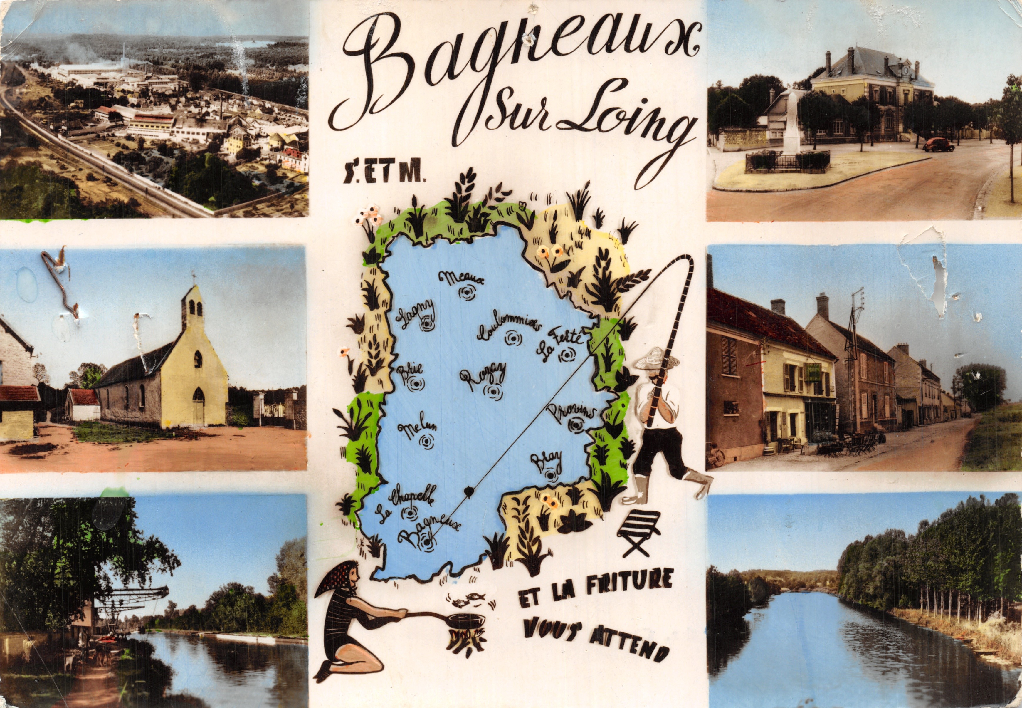 Bagneaux-sur-Loing — vue aérienne, mairie, église, quai du canal — S.E.T.M. n°7783