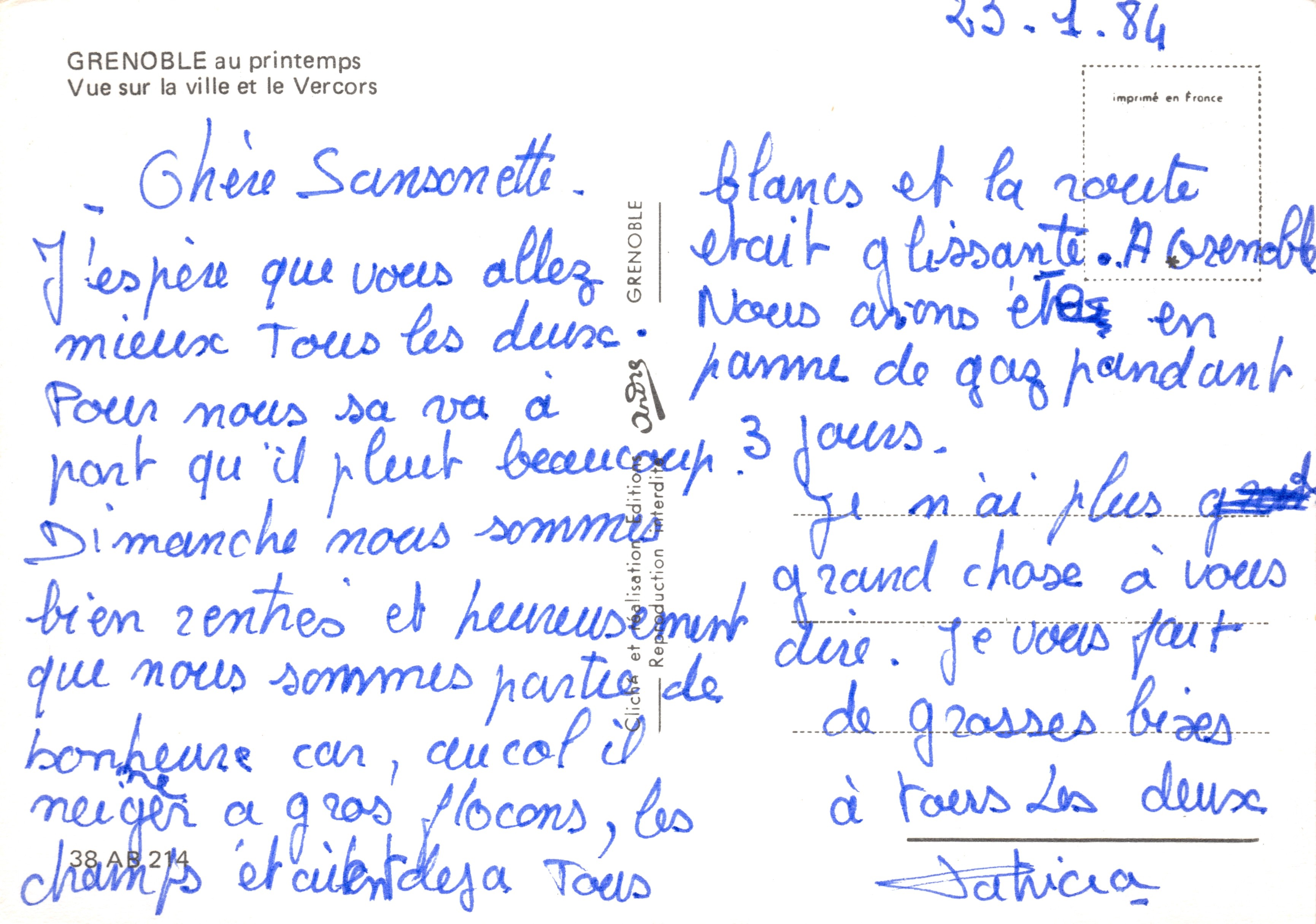 Grenoble in de lente — Uitzicht op de stad en het Vercors — gedrukt in Frankrijk — Achterkant