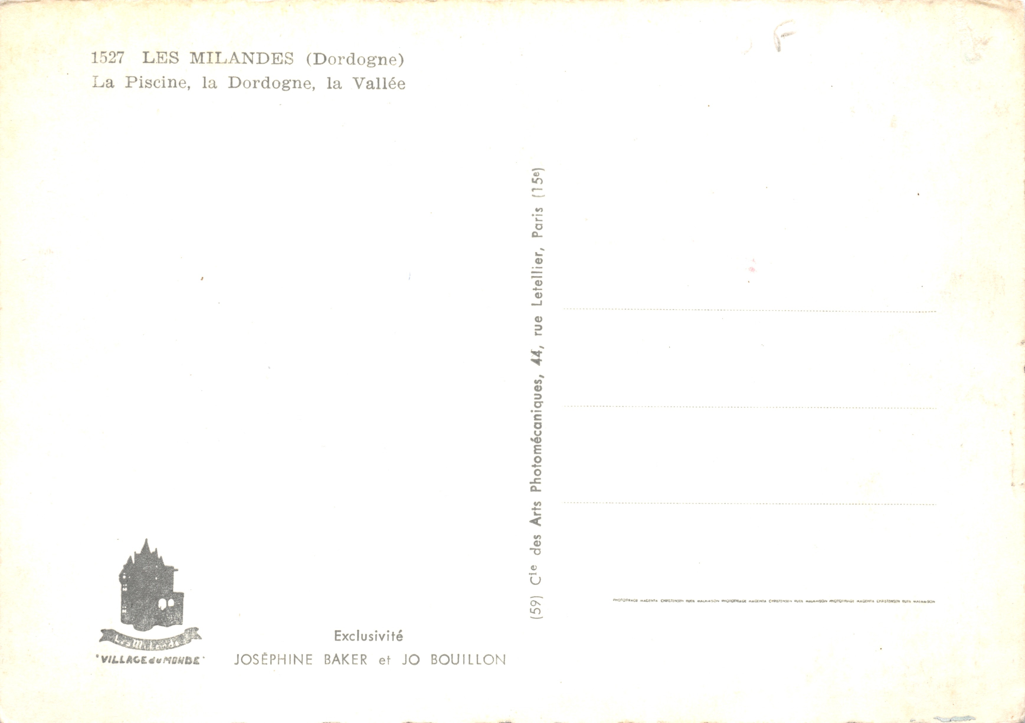 Les Milandes (Dordogne) — La Piscina, vista panoramica da un balcone in legno — editore JOSEPHINE BAKER e JO BOUILLON, Parigi — Verso
