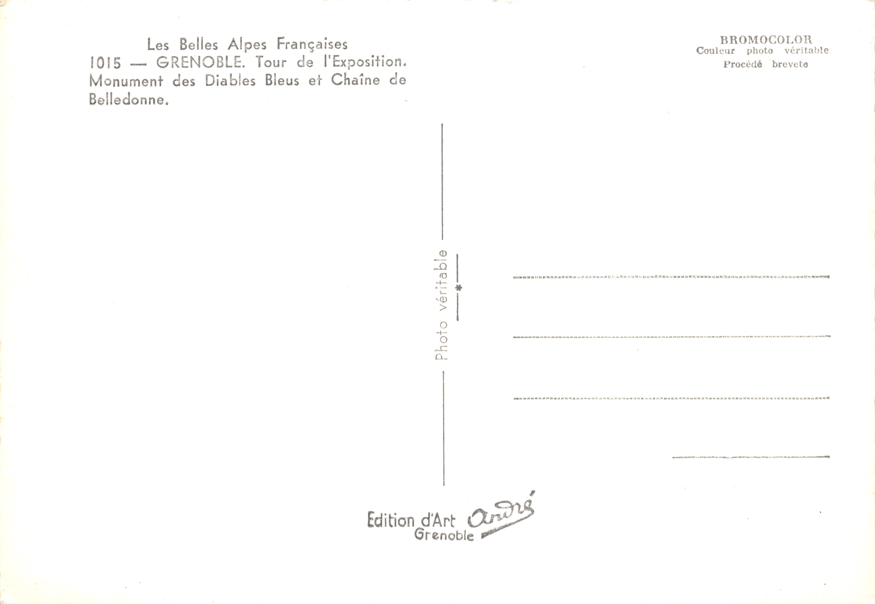 Grenoble — Torre de la Exposición y Cadena de Belledonne — Edition d'Art André — Reverso