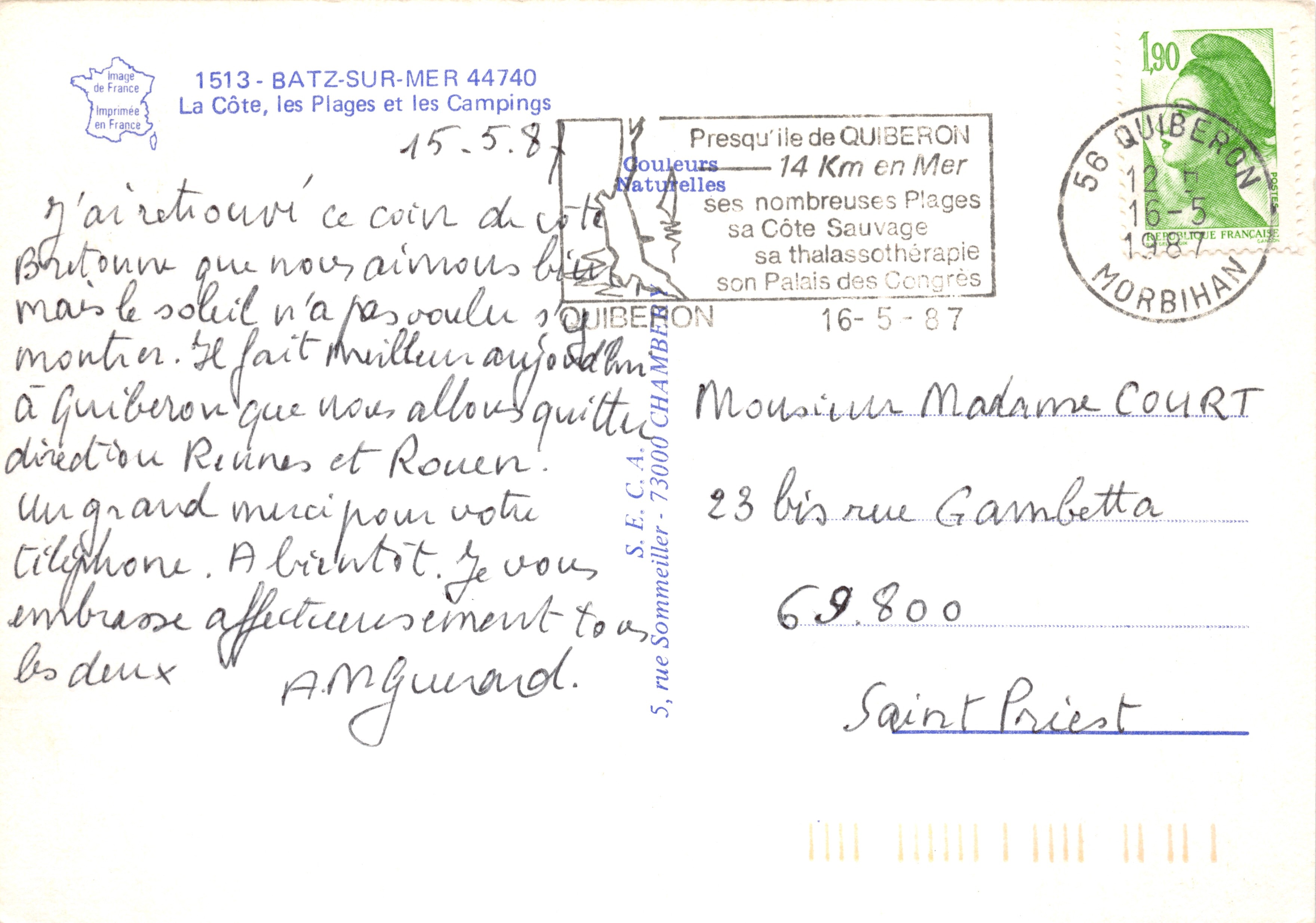 Batz-sur-Mer — vista aerea del paese e delle sue spiagge — Stampa sulla carta — Verso
