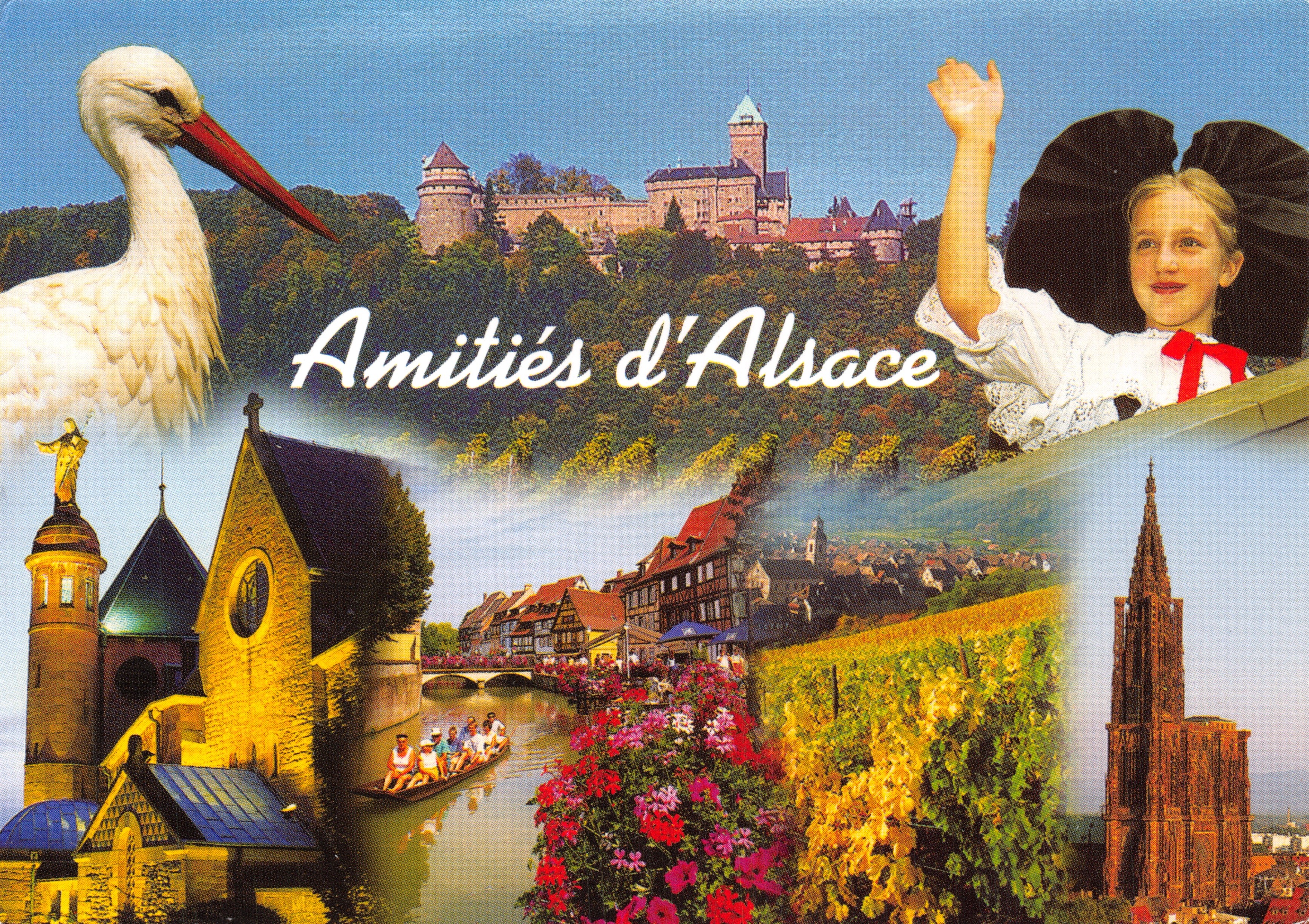Amicizie dell'Alsazia — collage di paesaggi alsaziani con cicogna, castello, fiori e bambino in abito tradizionale — Éditions Y. Pierron, n° EBC 143