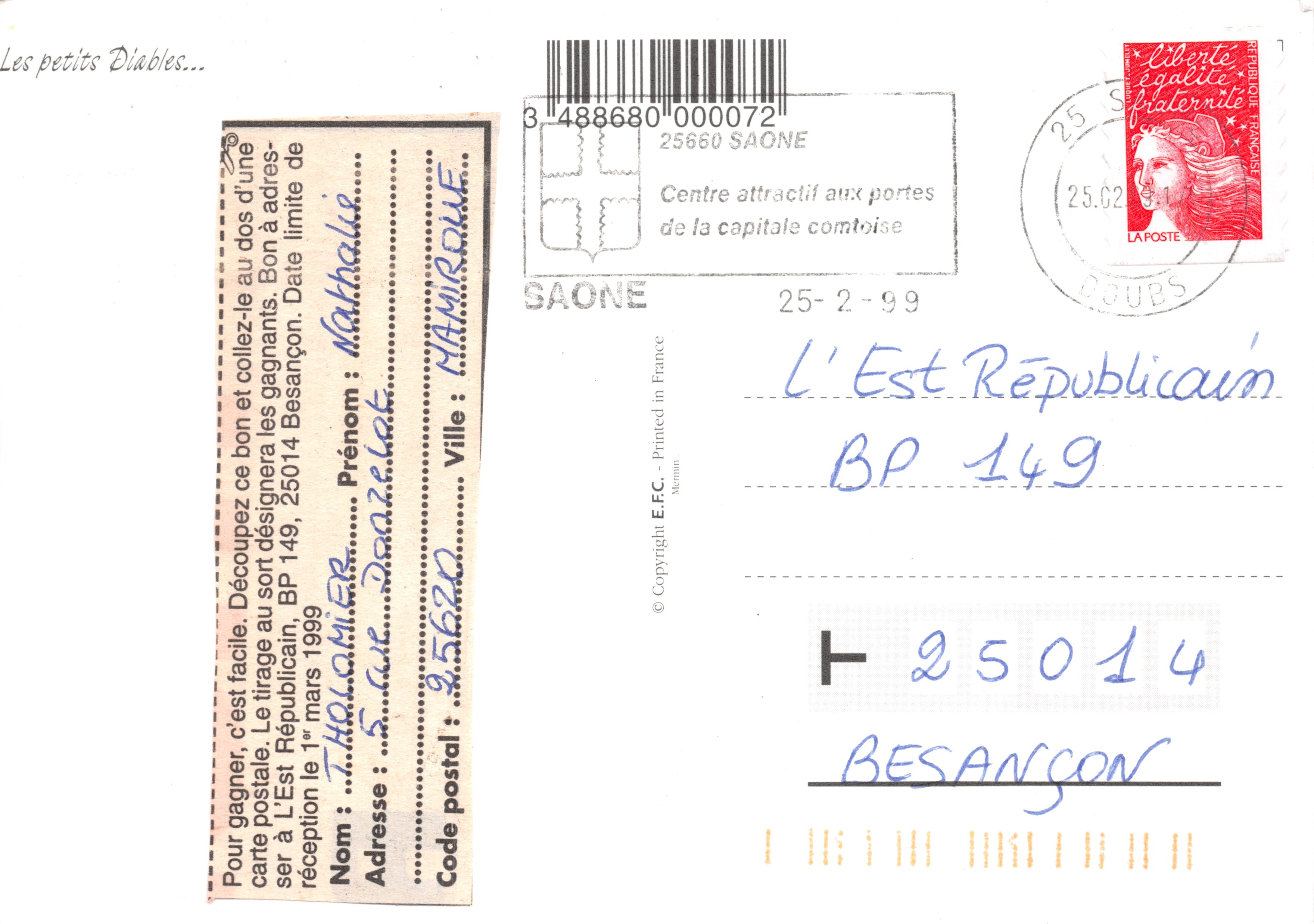 Los Pequeños Demonios — dibujo de un diablo rojo alegre saliendo de una caja sorpresa — editor E.F.C. n° 3_488680_000072 — Reverso