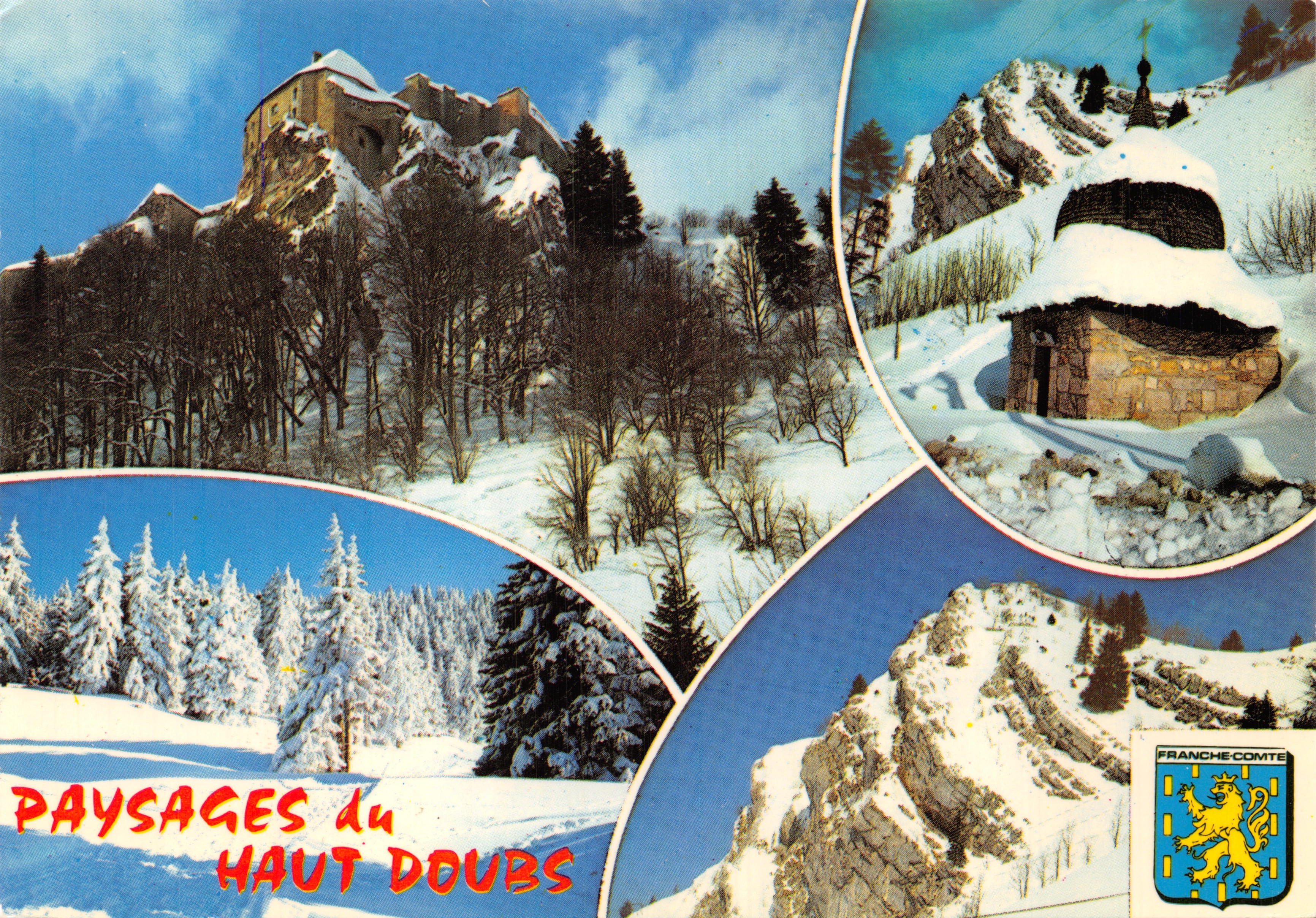 Landscapes van het Hoog Doubs — Kasteel op rots, gesneeuwde kapel, gesneeuwde bos, klif — Editions Cellaard