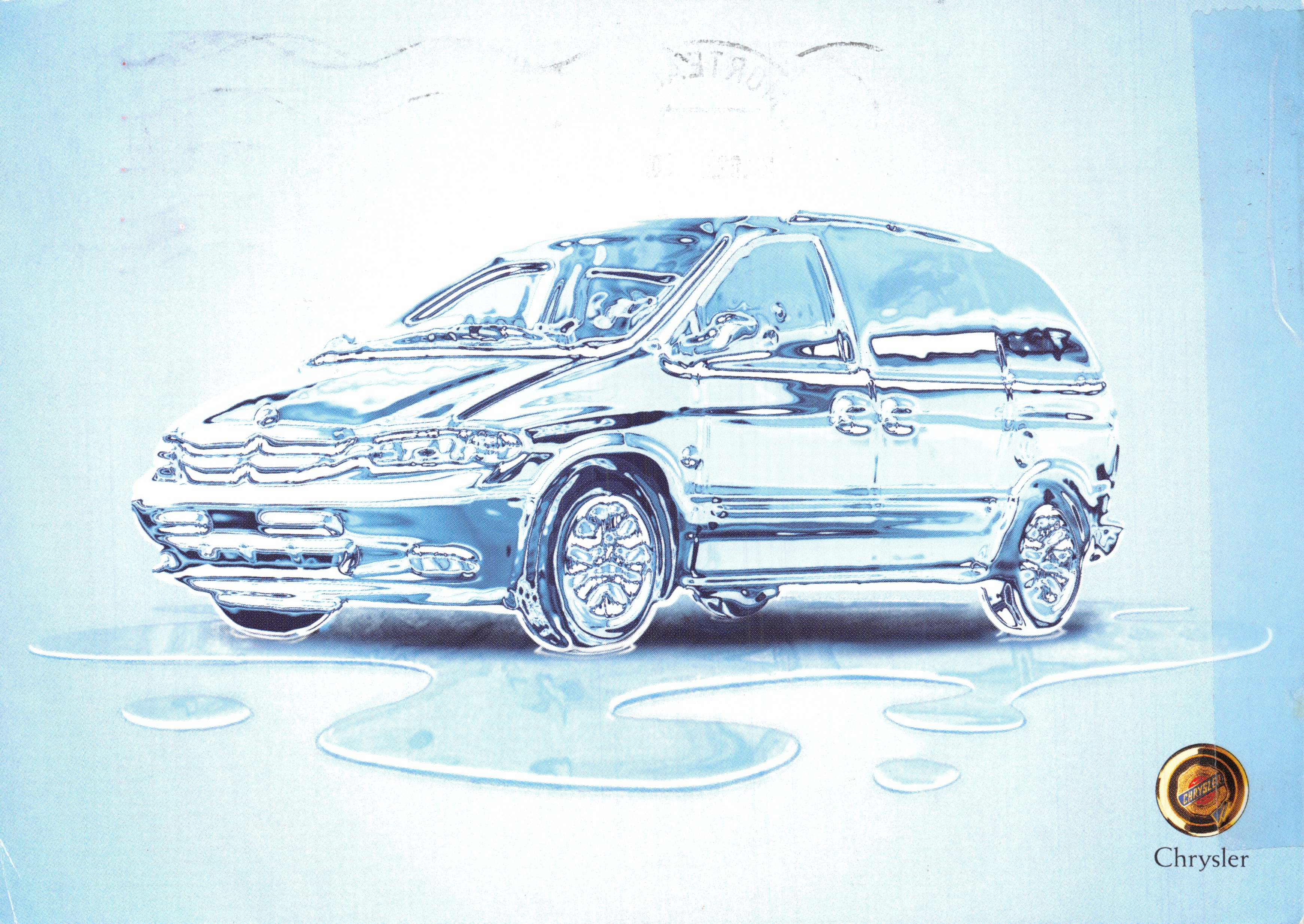 Chrysler Voyager — véhicule dessiné en bleu sur fond d'eau — éditeur Chrysler