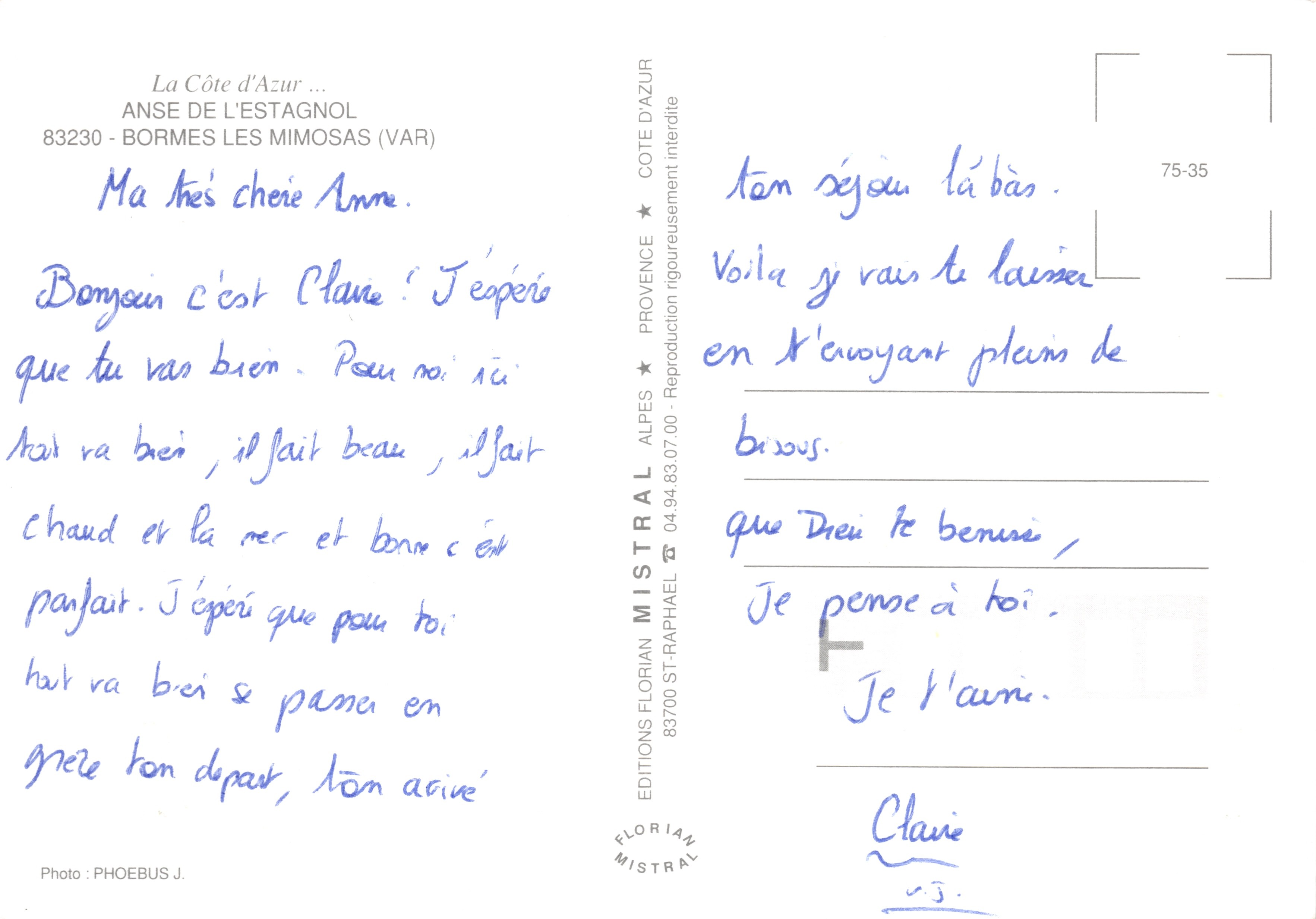 Bormes — vue de la plage avec pin et voiliers — Éditions Florian Mistral — Verso