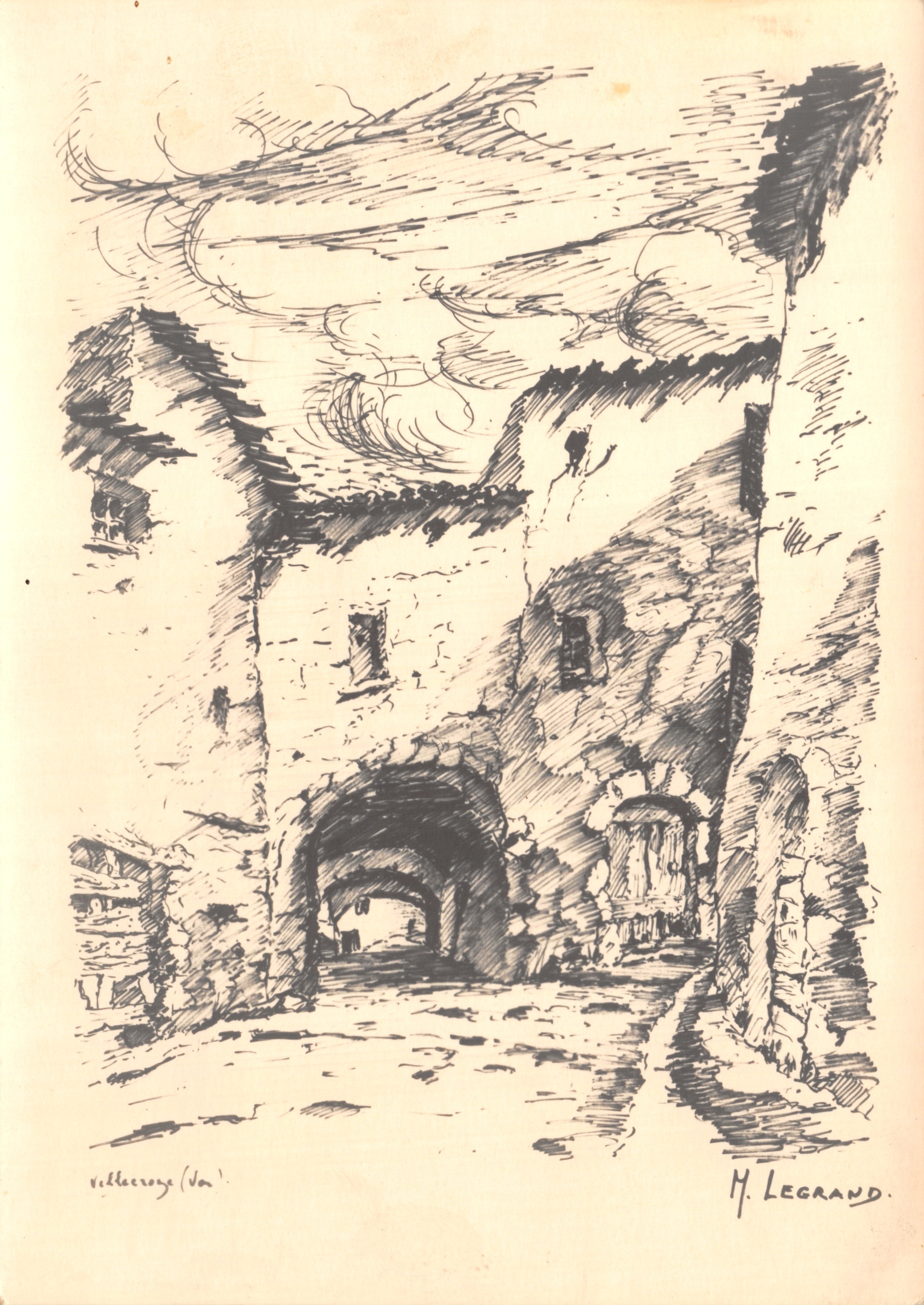 Vellecroye (Vosges) — doorlopend onder een steenpoort — tekening van M. Legrand