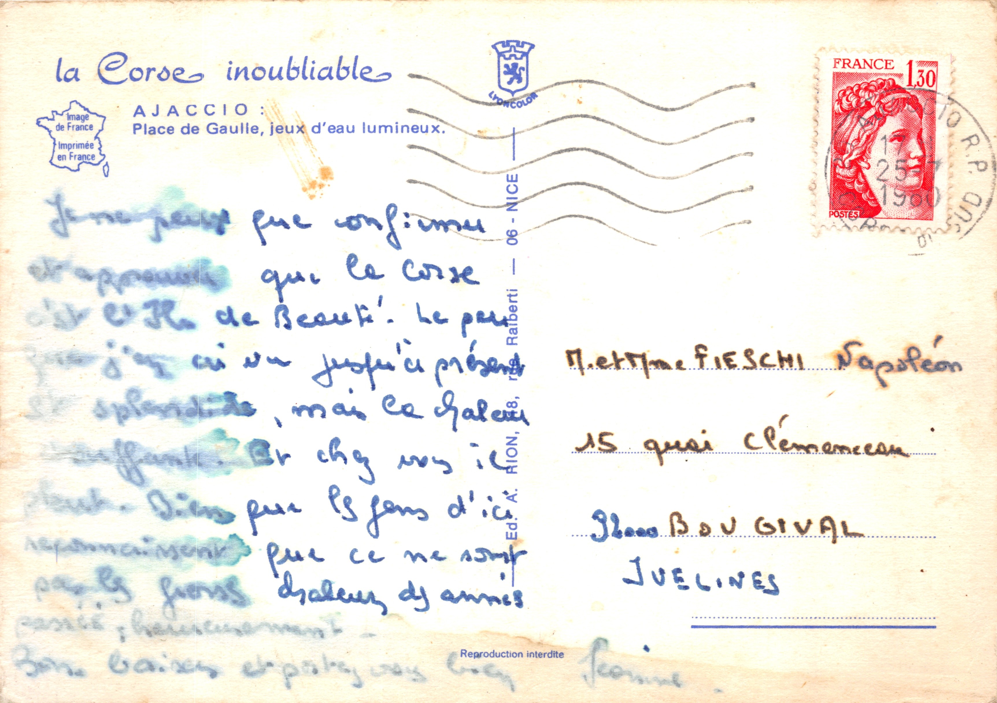 Ajaccio — Place de Gaulle con fuente iluminada — Ed. A. RION, n.º 1011 — Reverso