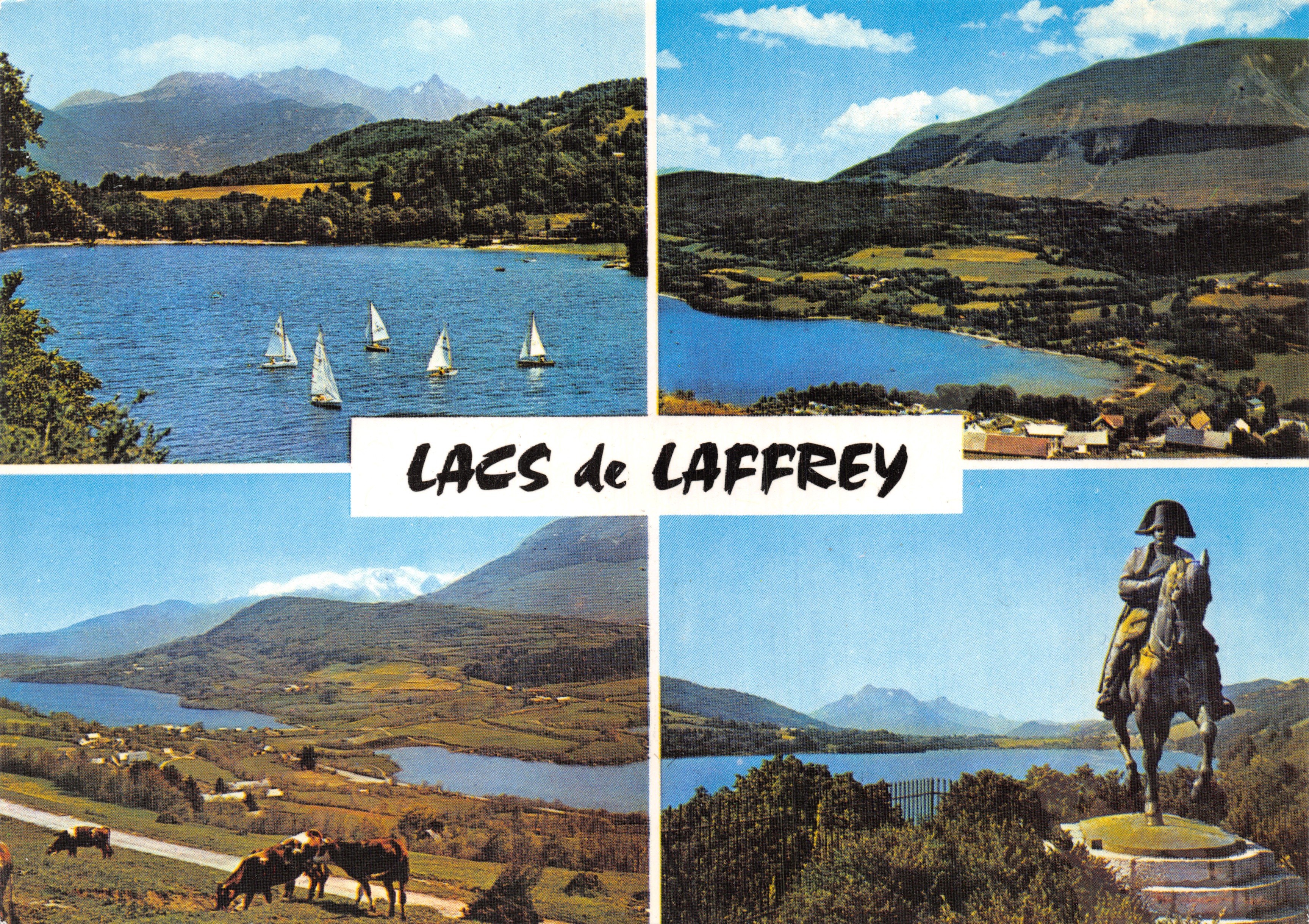 Laghi di Laffrey — vista panoramica con imbarcazioni a vela, paesaggio rurale e statua equestre di Napoleone — Éditions Grenoble
