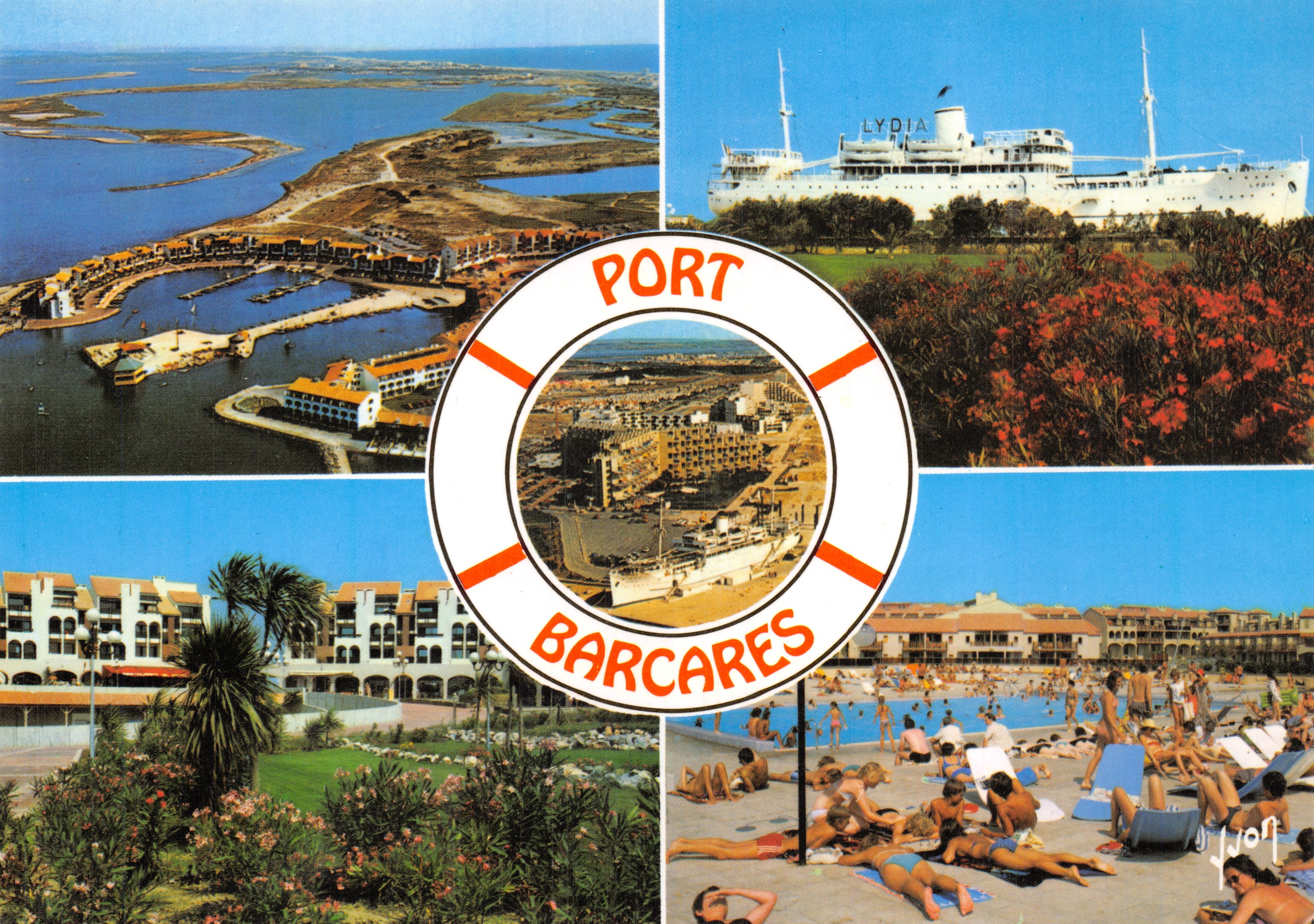 Port Barcarenes — vista aerea e scena di spiaggia con la nave Lydia — Editions by S.P.A.D.E.M