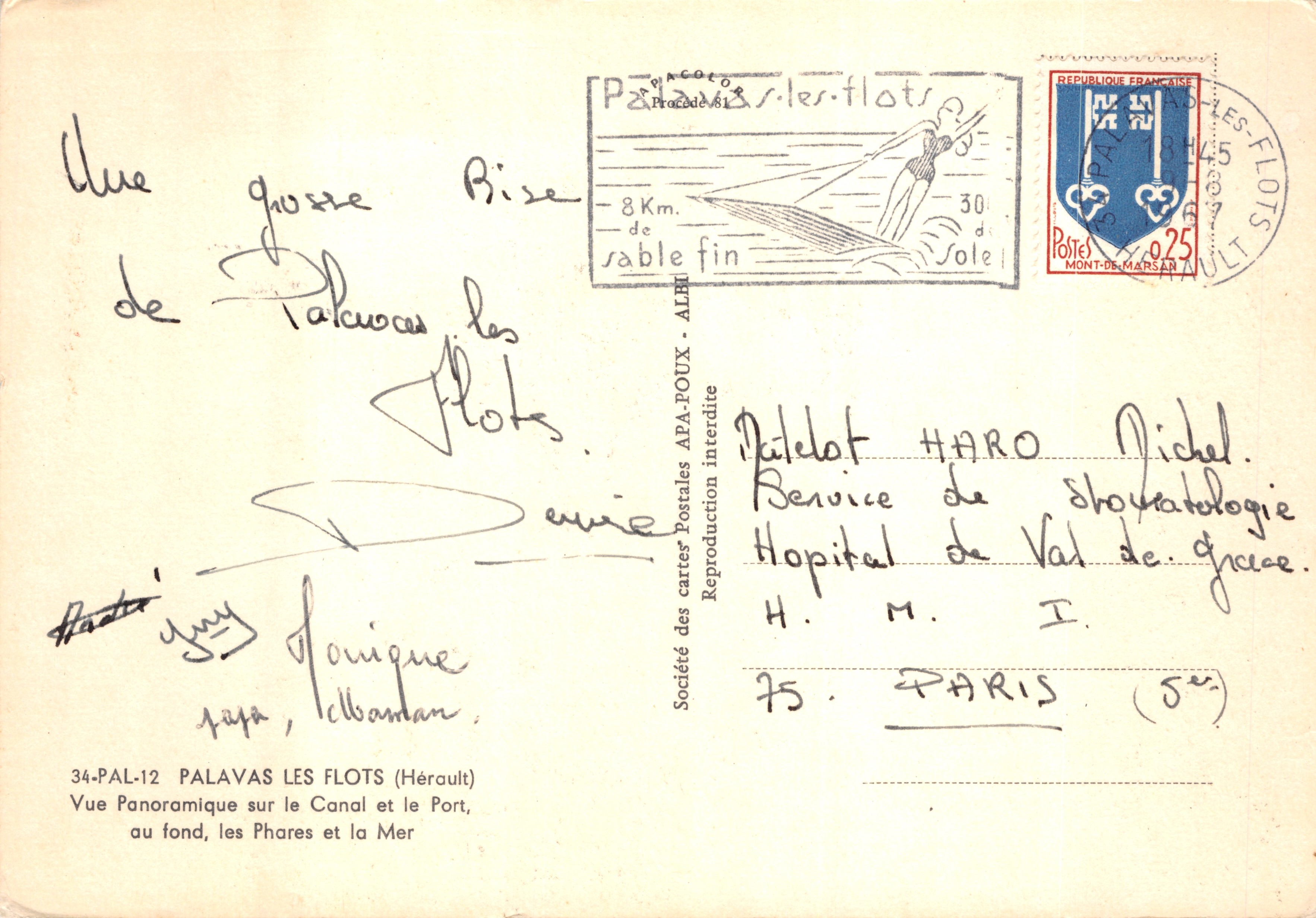 Palavas-les-Flots — Vue panoramique sur le Canal et le Port, au fond les Phares et la Mer — Société des cartes postales APA-POUX — Reverso