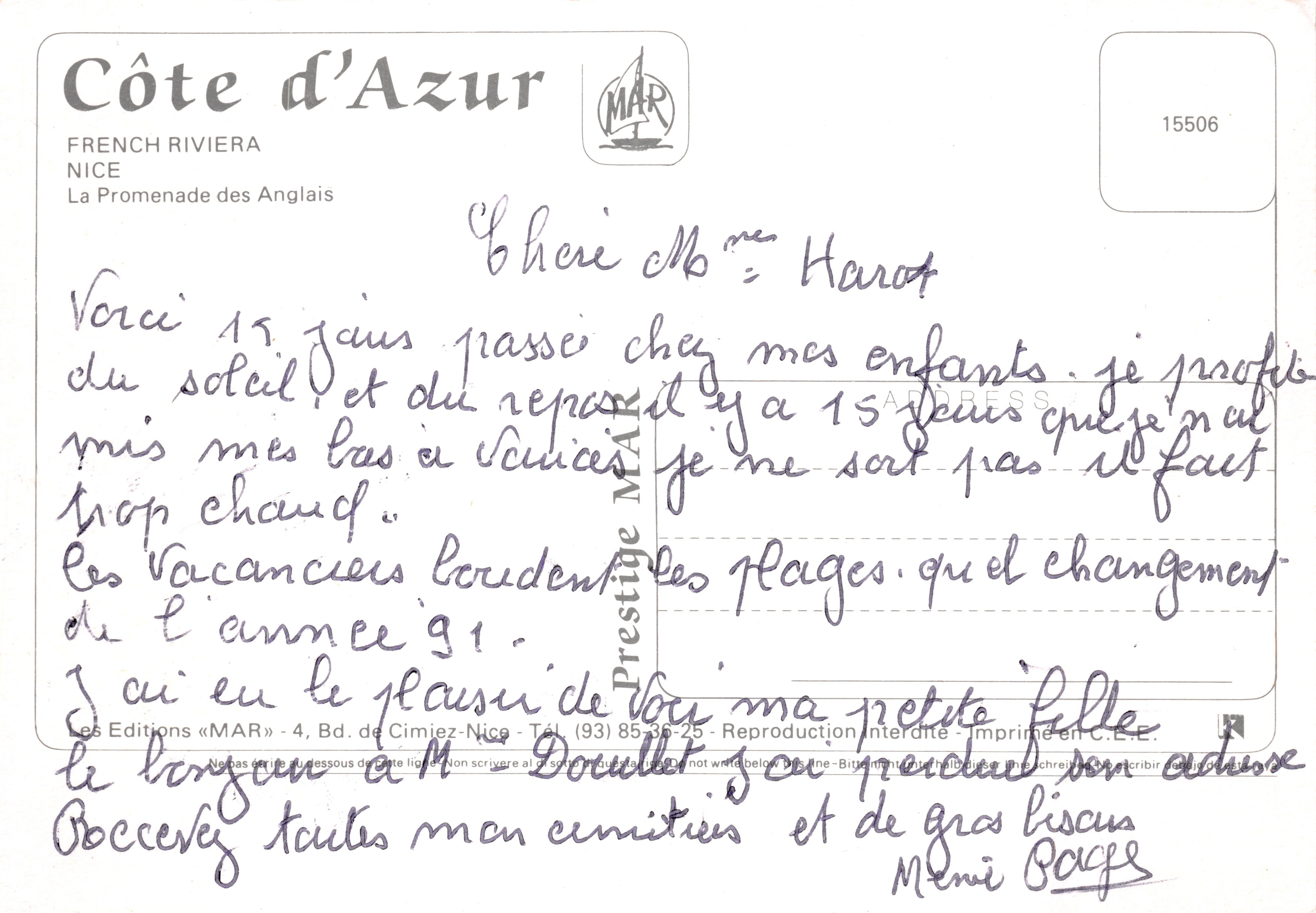 De Côte d'Azur — Nice — uitgever MAR, nummer 15506 — Achterkant