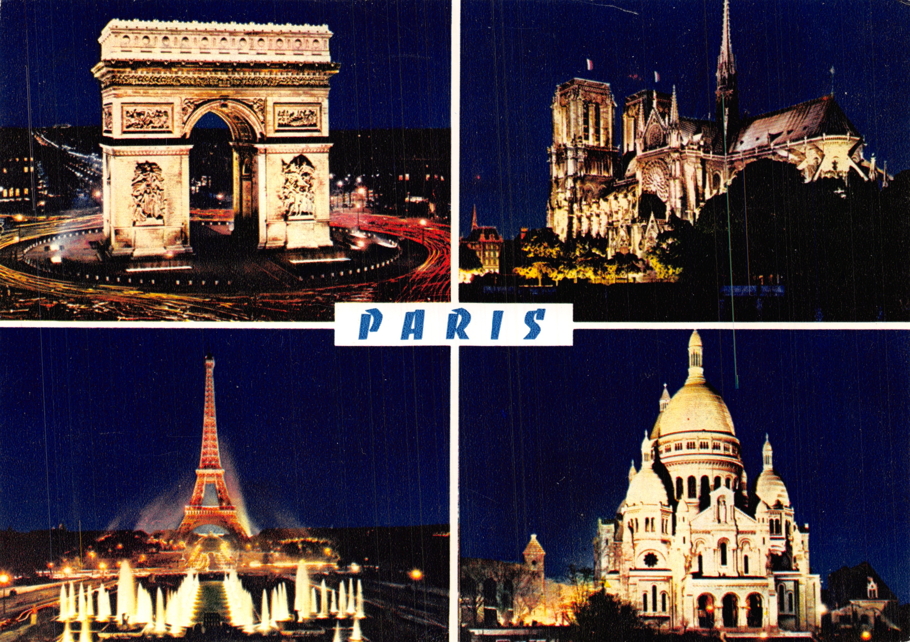 París — Vista nocturna de monumentos (Arco de Triunfo, Notre-Dame, Torre Eiffel, Sacré-Cœur) — Editions CHANTAL