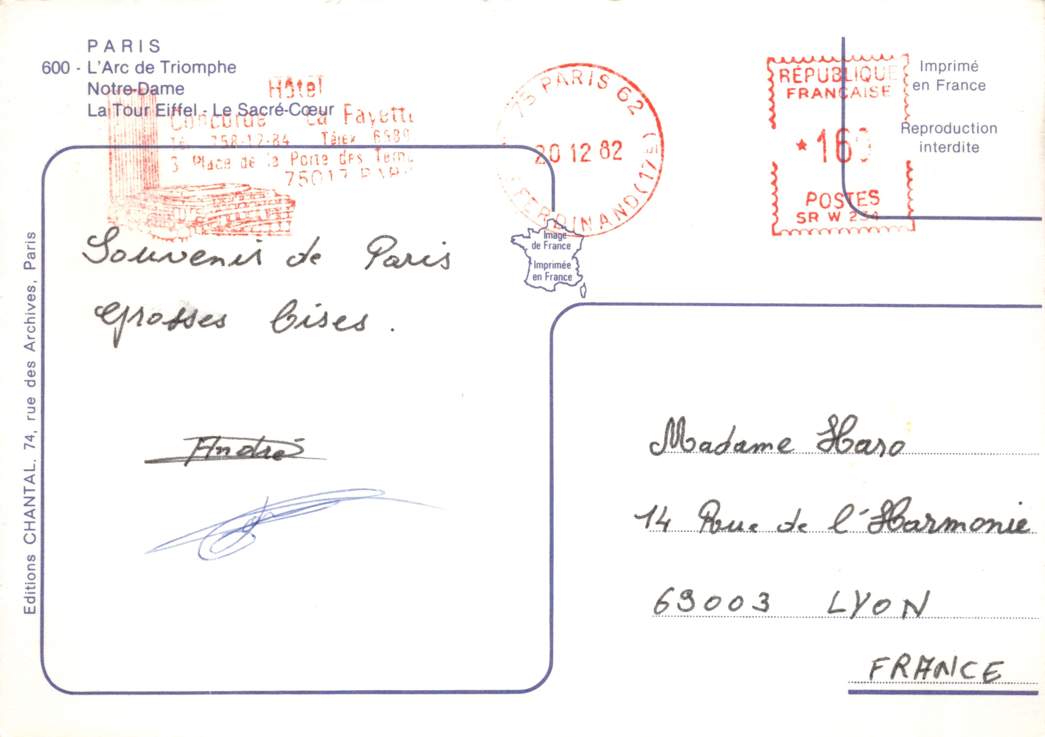 París — Vista nocturna de monumentos (Arco de Triunfo, Notre-Dame, Torre Eiffel, Sacré-Cœur) — Editions CHANTAL — Reverso