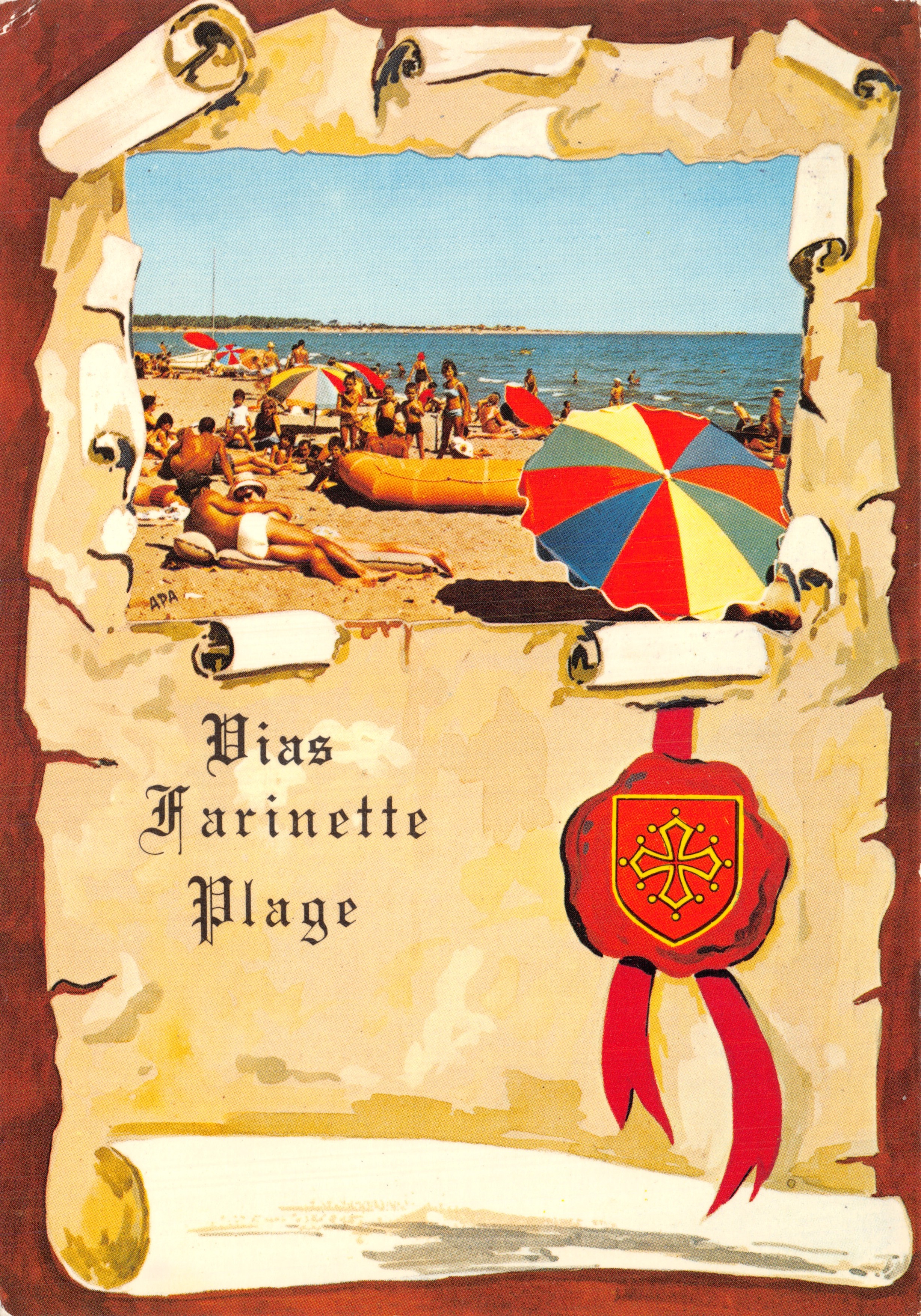 Vias-Farinette Plage — levendige strand met gekleurde zonnescherm — uitgever A.P.A. POULX