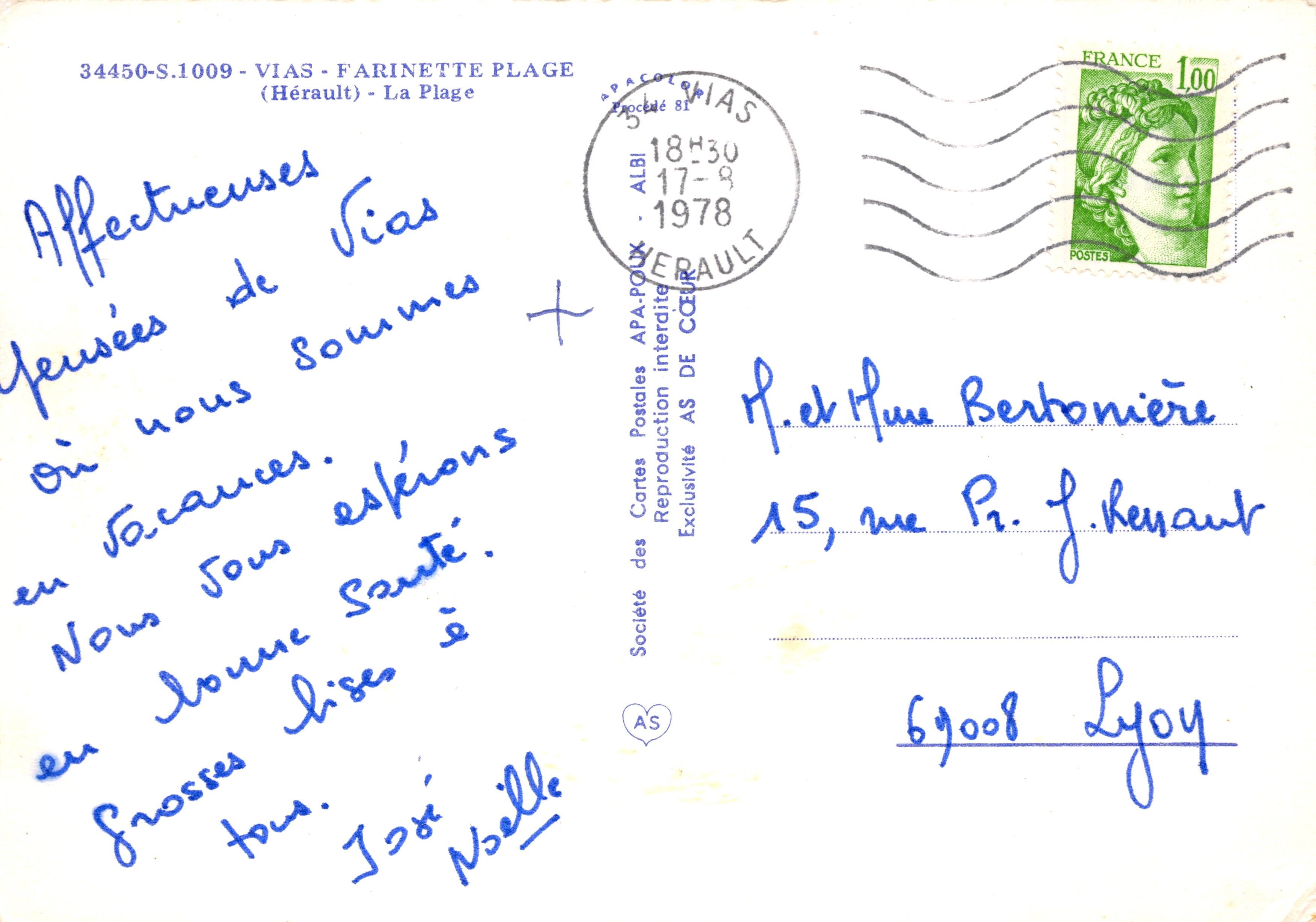 Vias-Farinette Plage — levendige strand met gekleurde zonnescherm — uitgever A.P.A. POULX — Achterkant