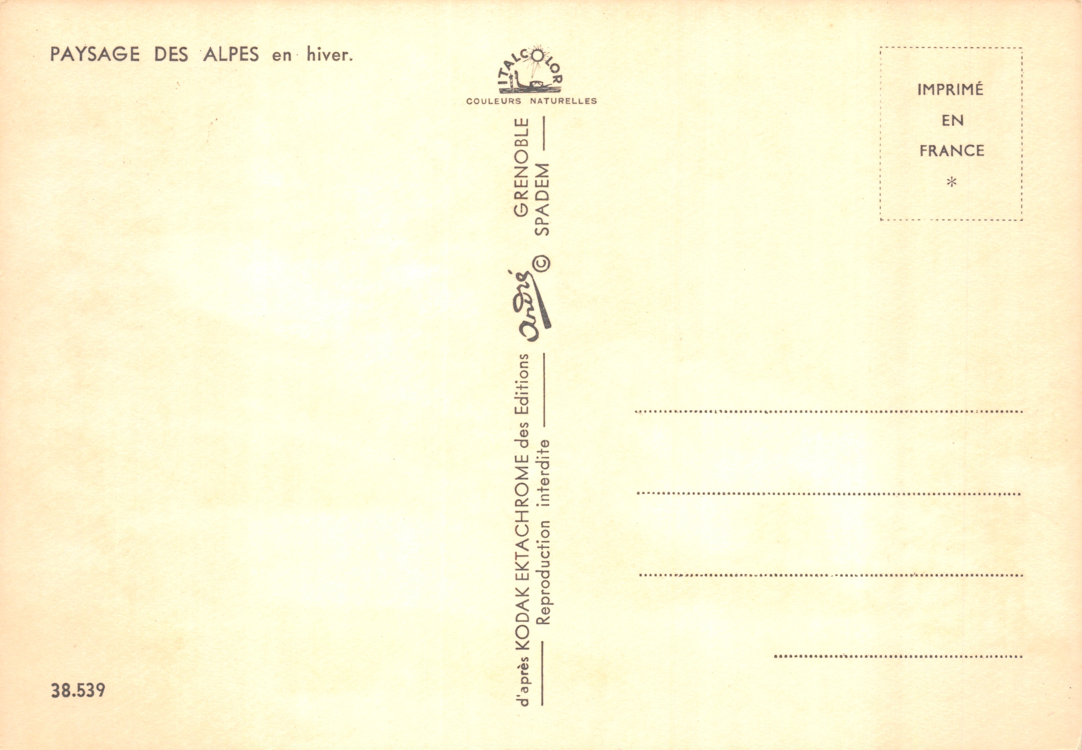 Paisaje invernal de las Alpes — montaña nevada con teleférico — editor Grenoble Spadem, n.º 38.539 — Reverso