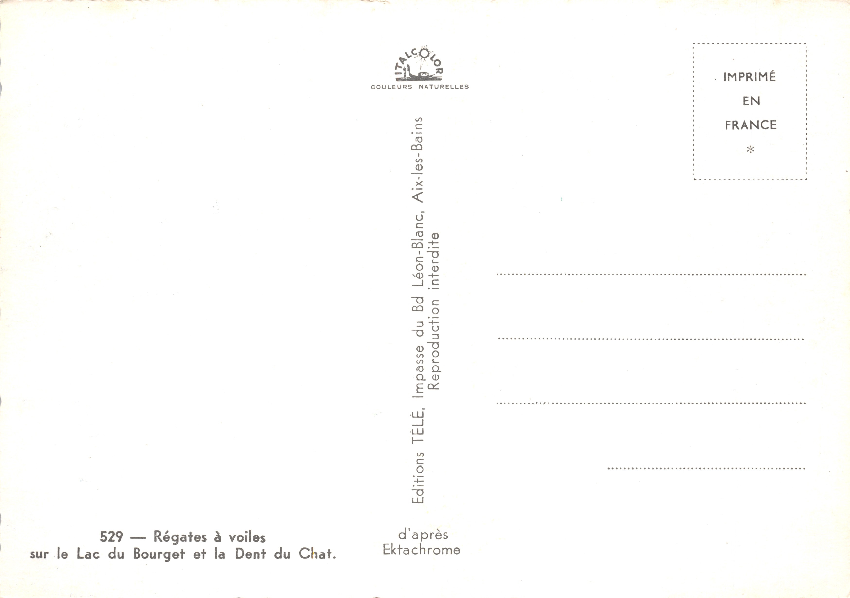 Régates à voiles sur le Lac du Bourget — montagne Dent du Chat — Éditions TÉLÉ, Impasse du Bd Léon-Blanc, Aix-les-Bains — Verso