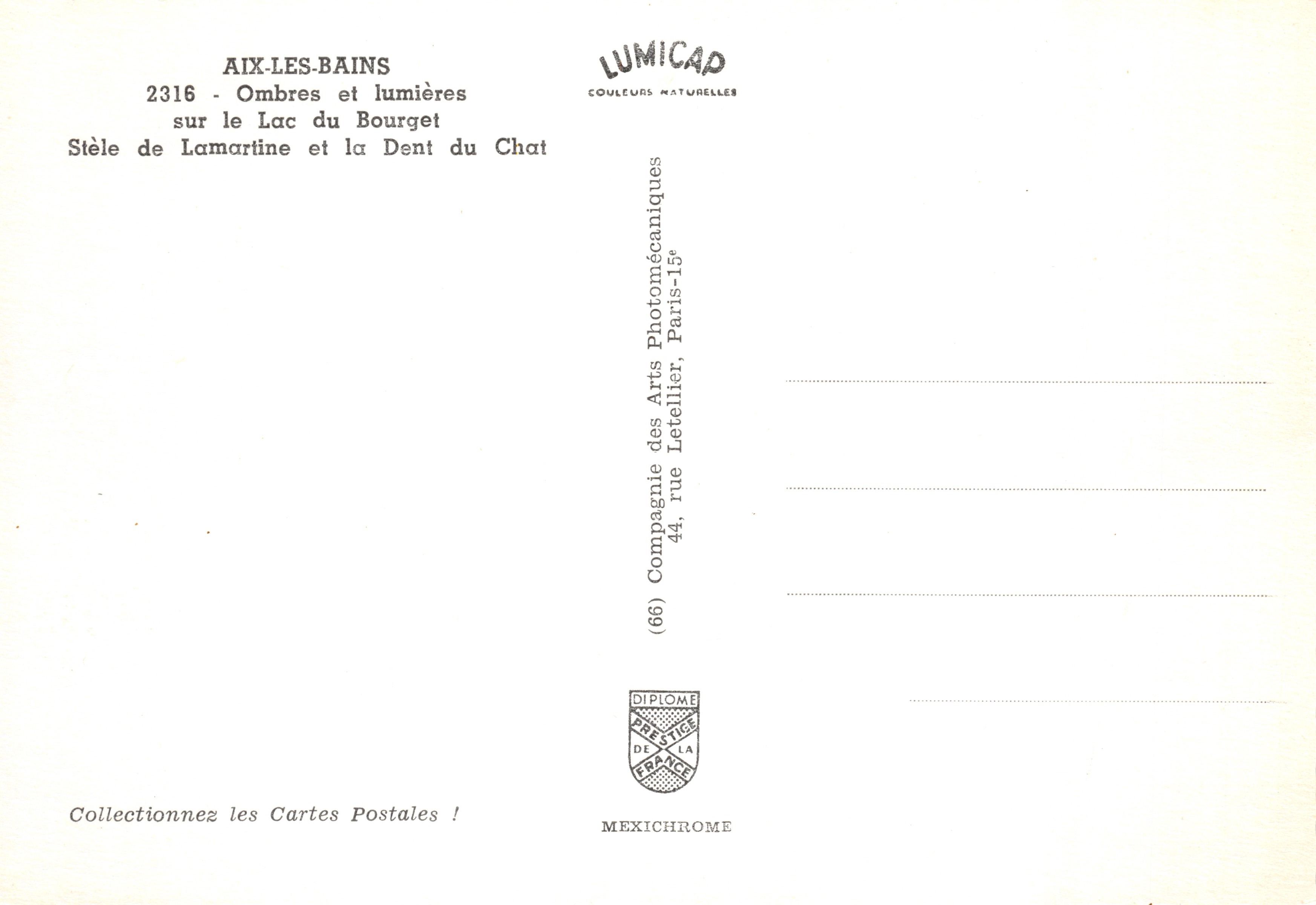 Aix-les-Bains — Stele di Lamartine e la Dent du Chat — editore IRIS — Verso