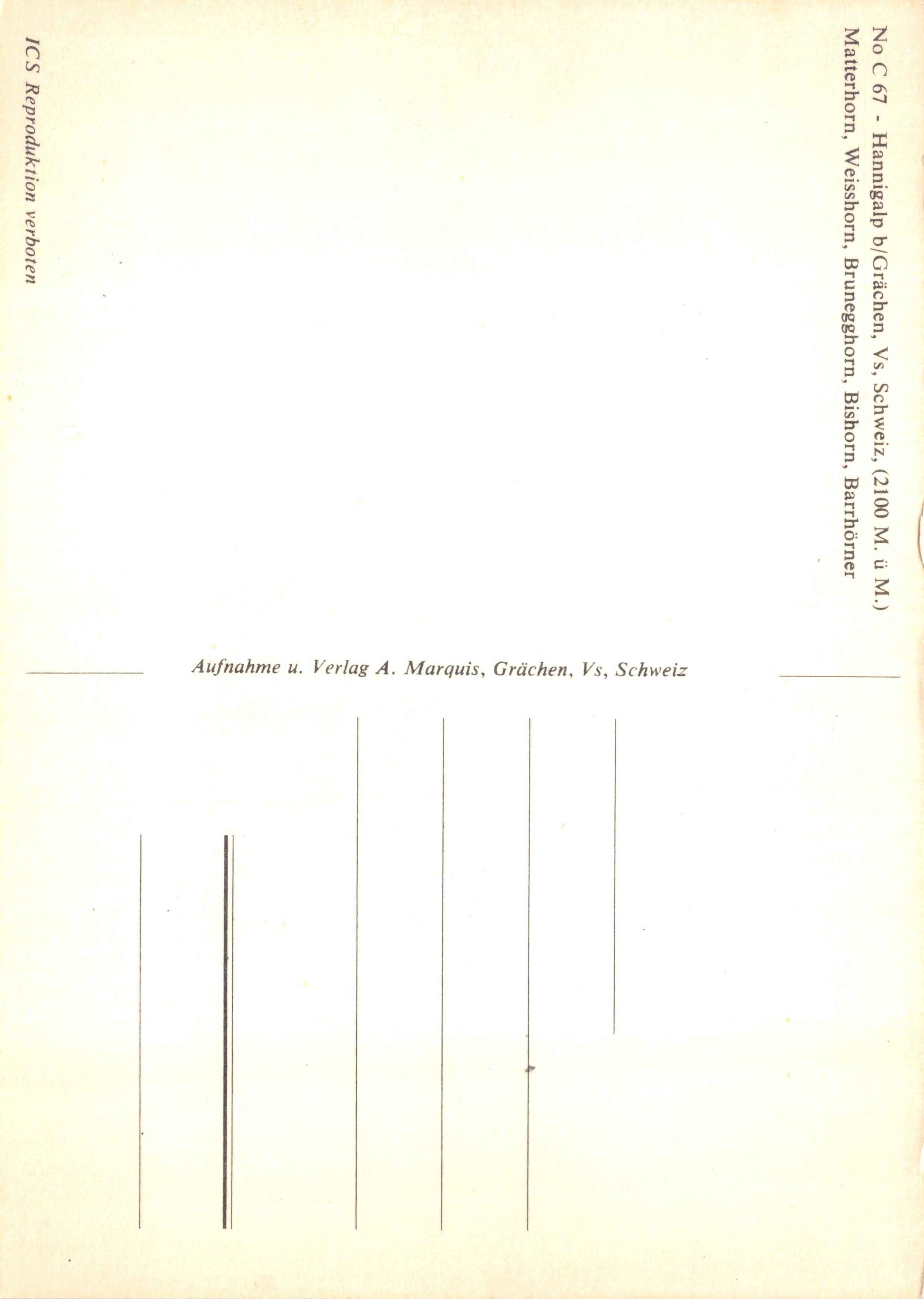 Matterhorn, Weisshorn, Bruneckhorn, Bishorn — vue alpine avec moutons — éditeur A. Marquis, Grächèn, Vs, Suisse, n° C 67 — Verso