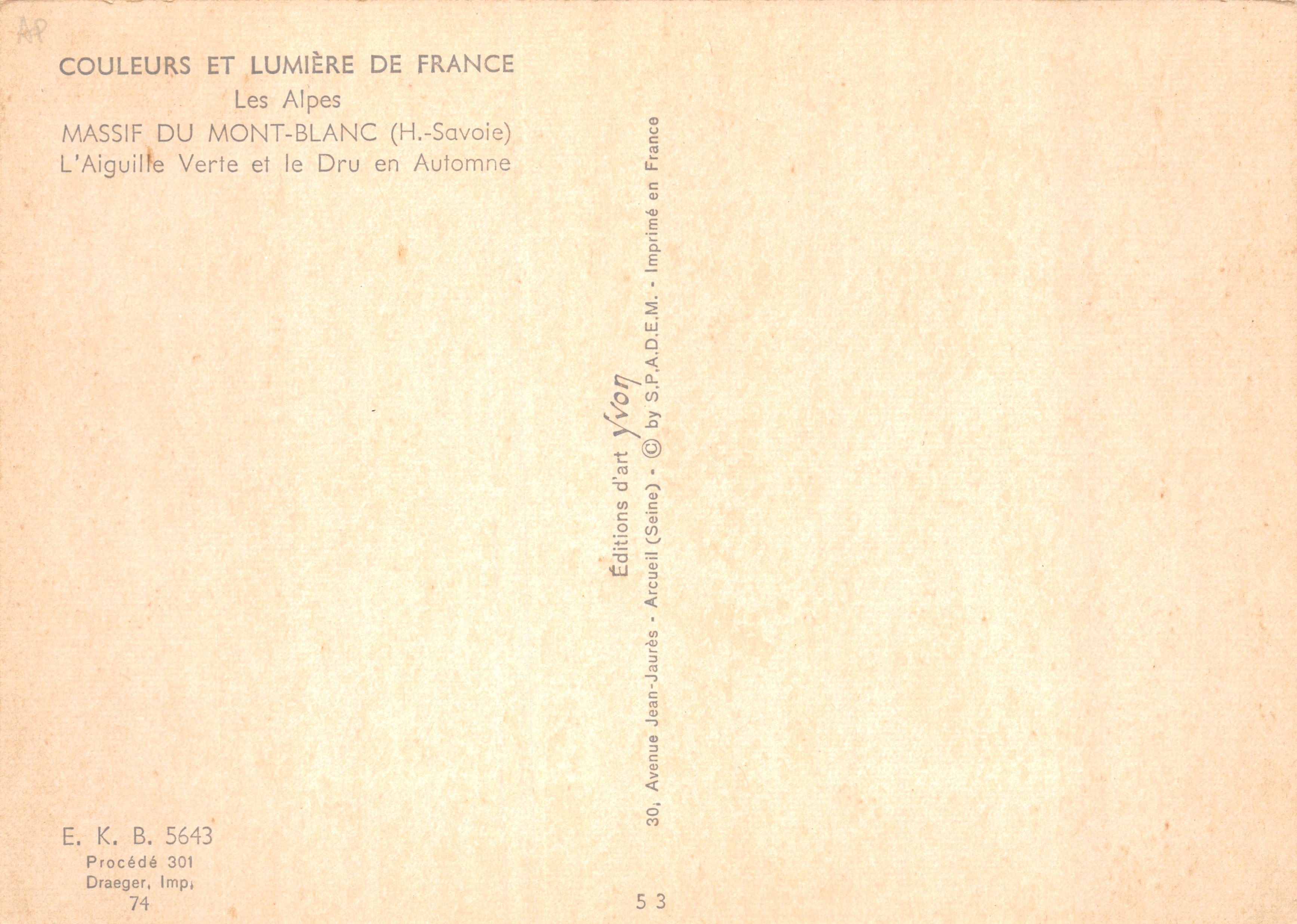 Massiccio del Mont-Blanc — L'Aiguille Verte e il Dru nell'autunno — Éditions d'art Yvon — Verso
