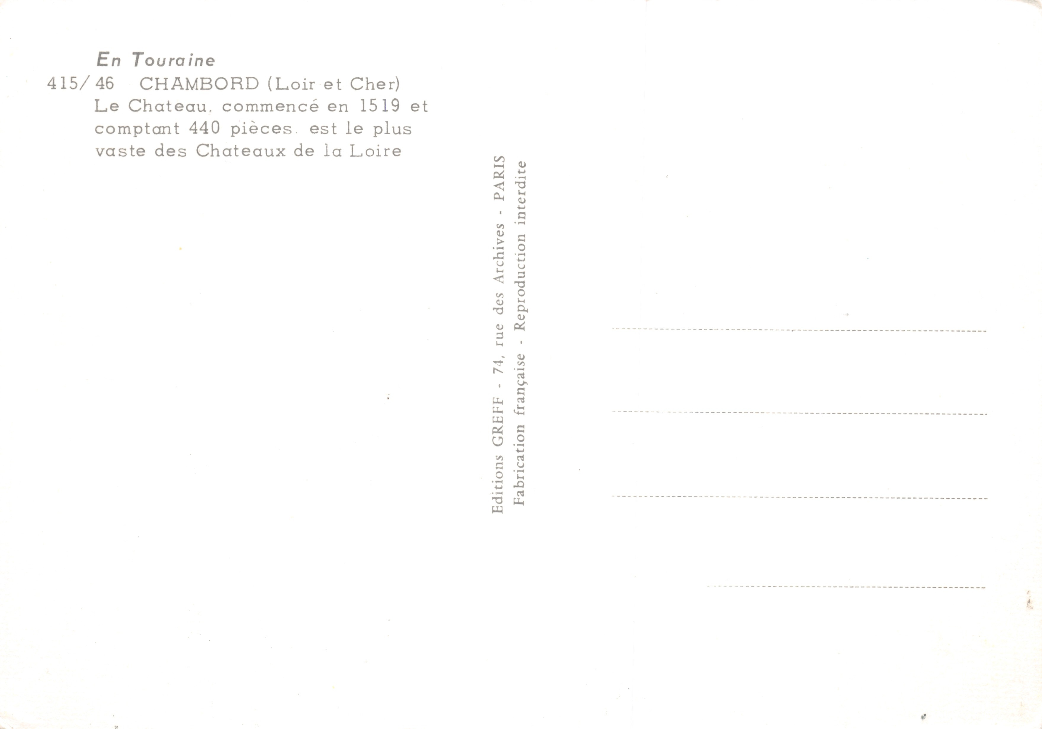 Castillo de Chambord — vista panorámica y interiores — Editions GREFFE — Reverso