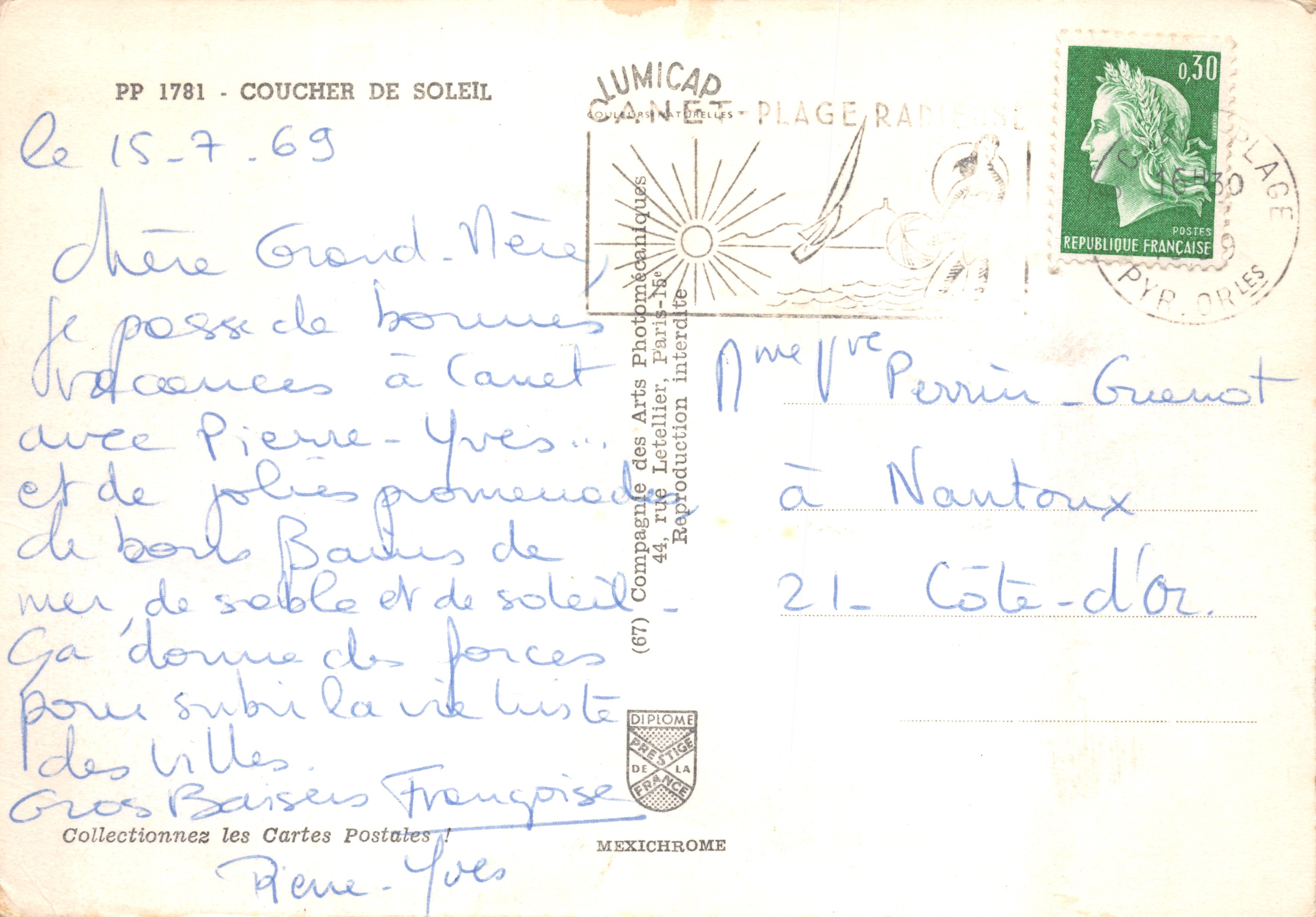 Zachód słońca — widok plaży w Canet-en-Roussillon — wydawca LUMICAP — Rewers