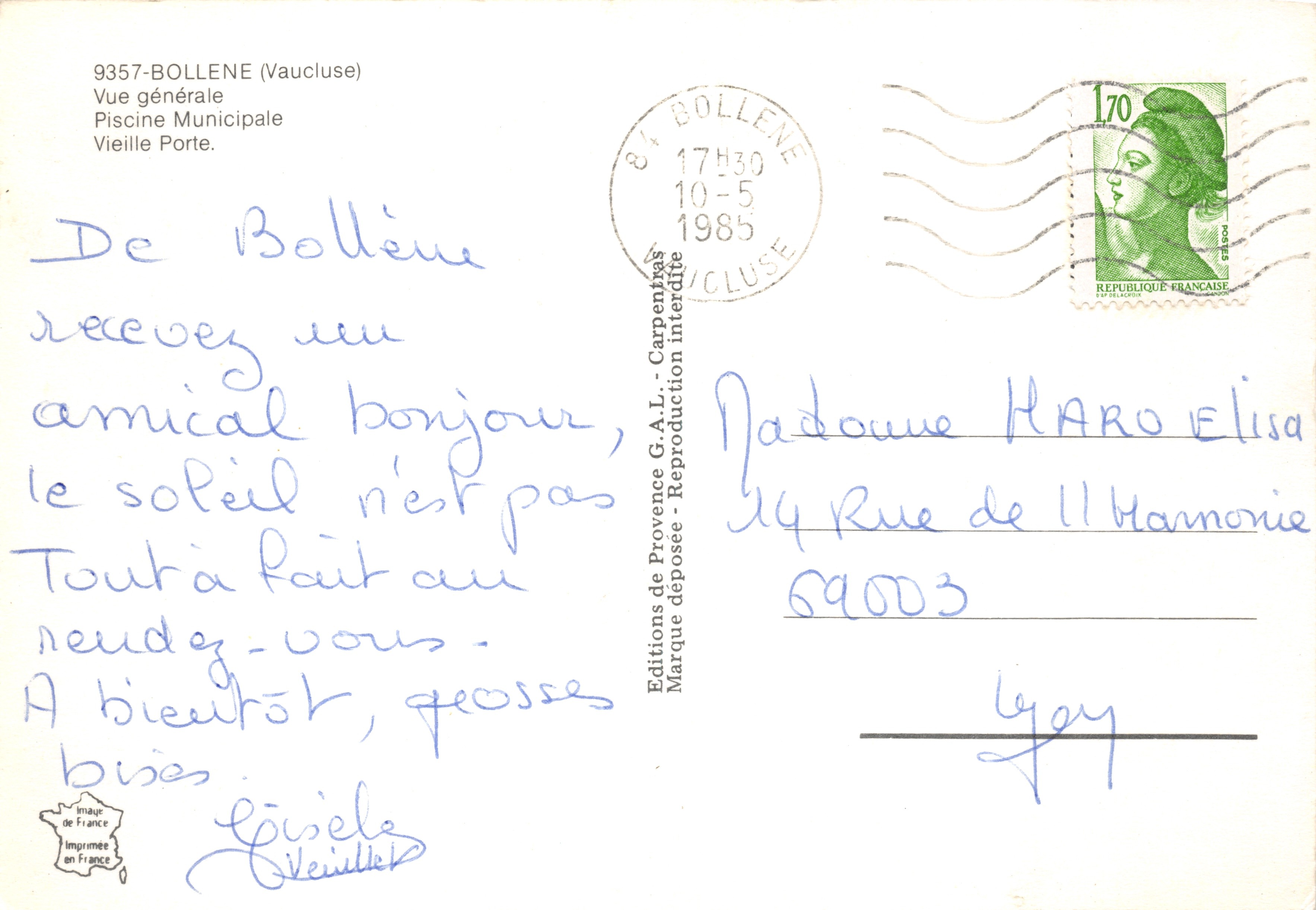 Bollène — Vista general (piscina municipal, vieja puerta) — Éditions G.A.L. - Carpentras — Reverso