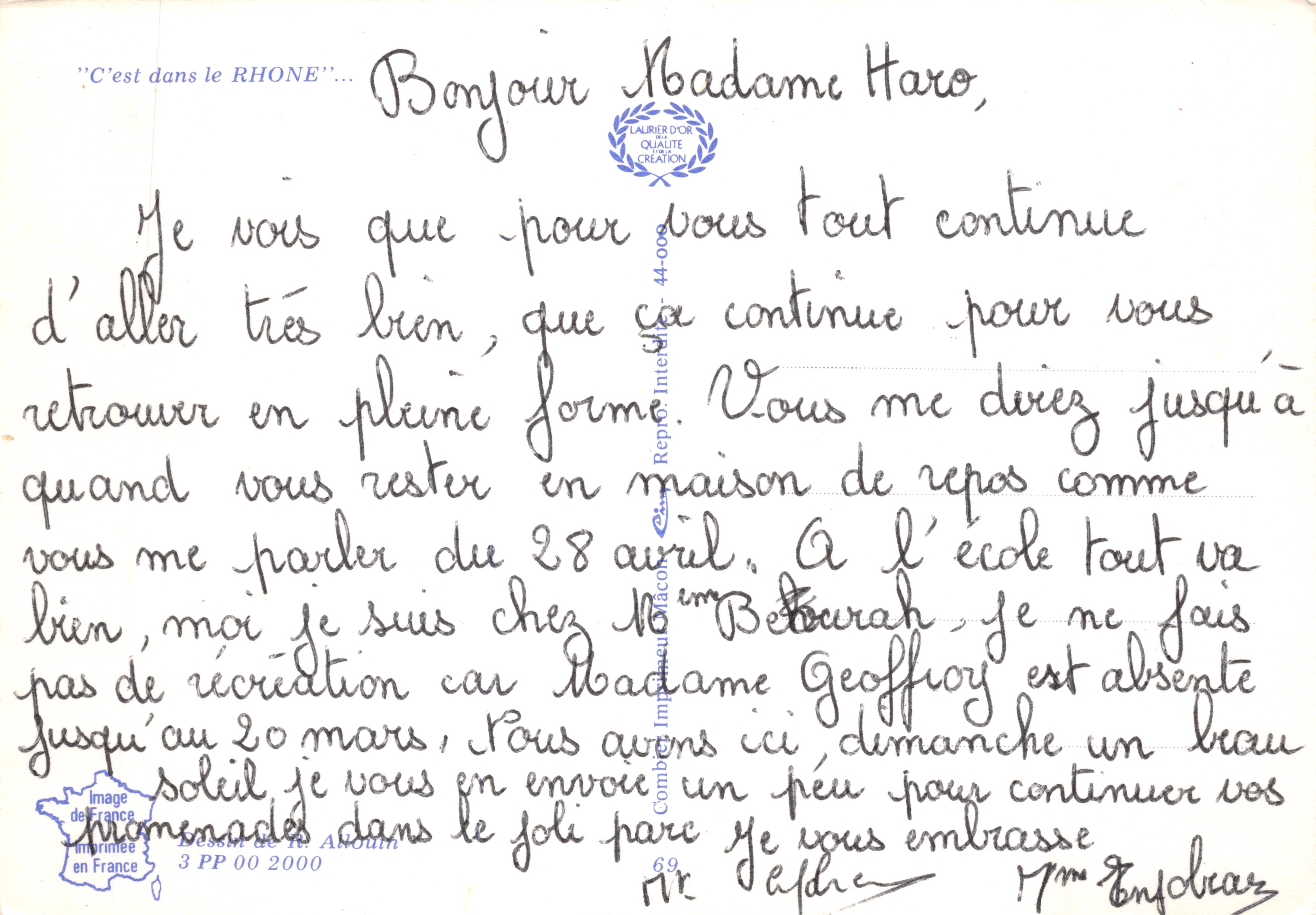 Het was in de RHÔNE... dat de SAUCISSON werd uitgevonden! — humoristisch met illustraties van locaties (Villefranche, Beaujeu, Givors, Saint-Martin, Lyon) en gedrukte tekst in rood en geel, uitgever LAURIER D'OR QUALITÉ CRÉATION — Achterkant