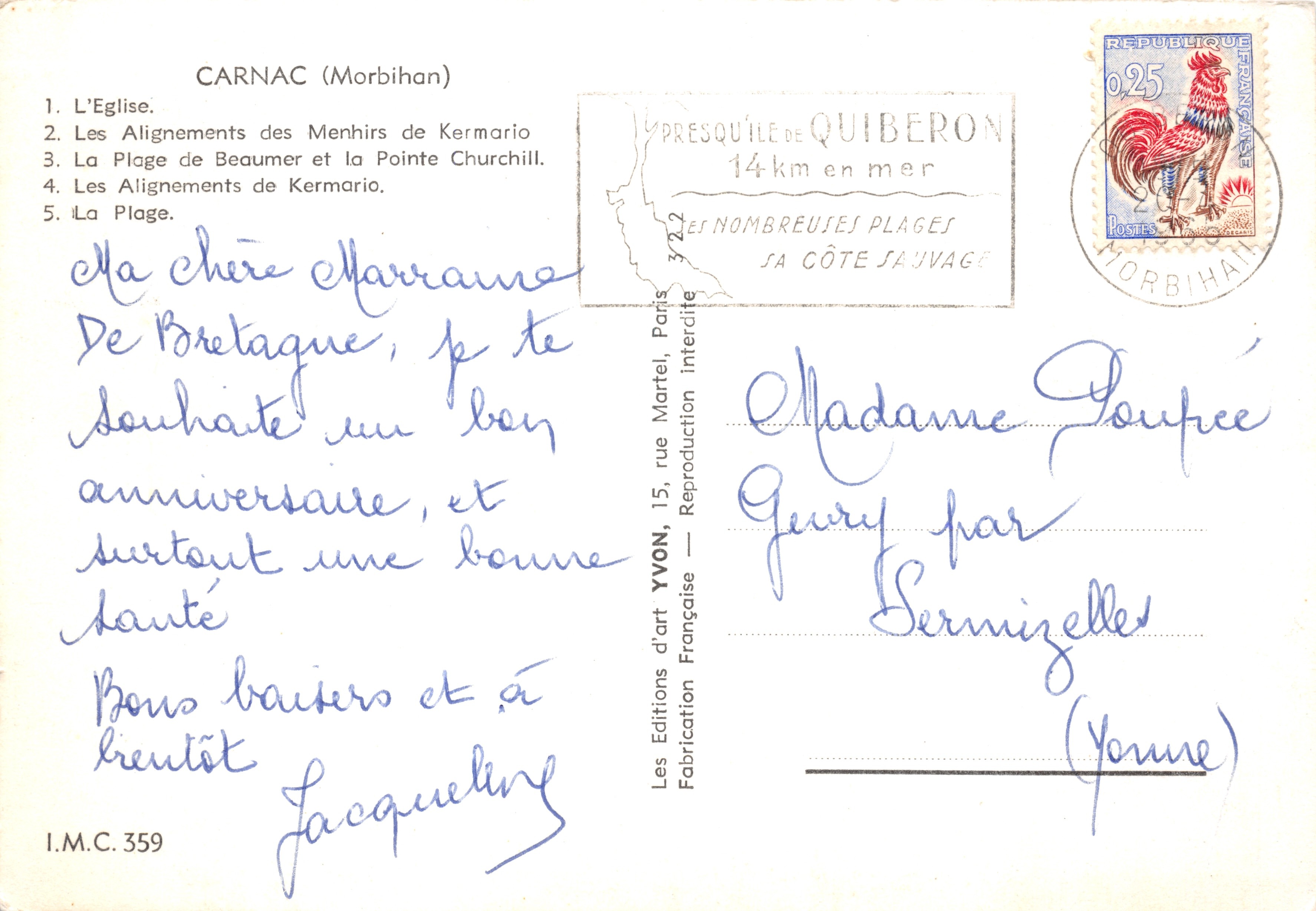Carnac — Allineamenti di menhir, chiesa e spiaggia — Edizioni d'arte YVON, n° I.M.C. 359 — Verso
