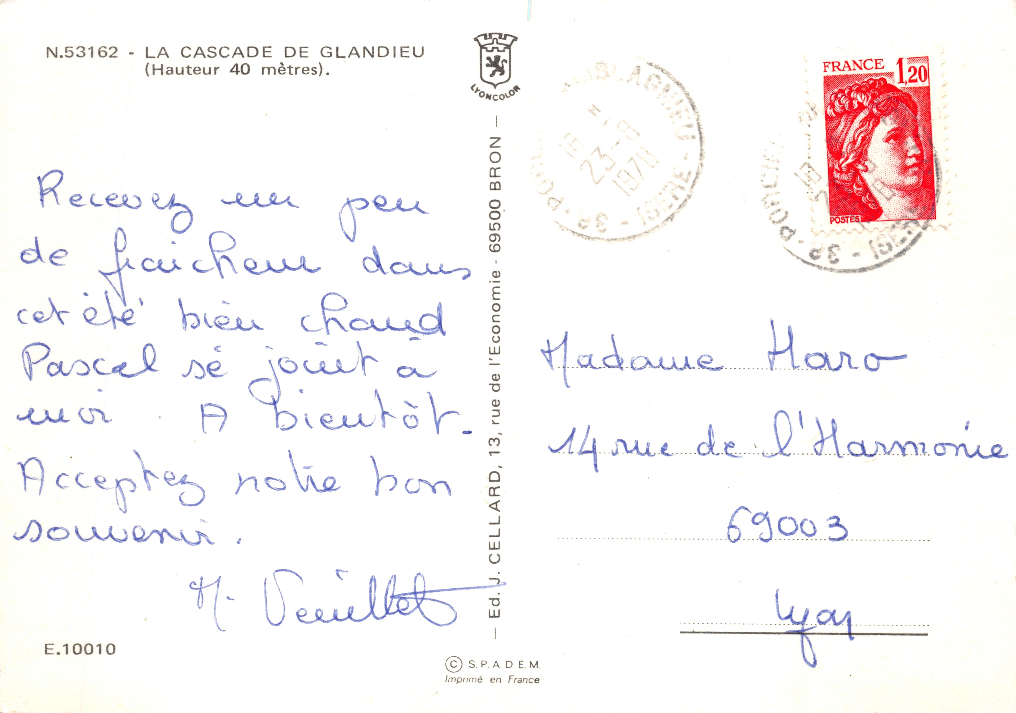 De waterval van Glandieu — 40 meter hoge waterval — uitgever J. CELLARD, N.53162 — Achterkant