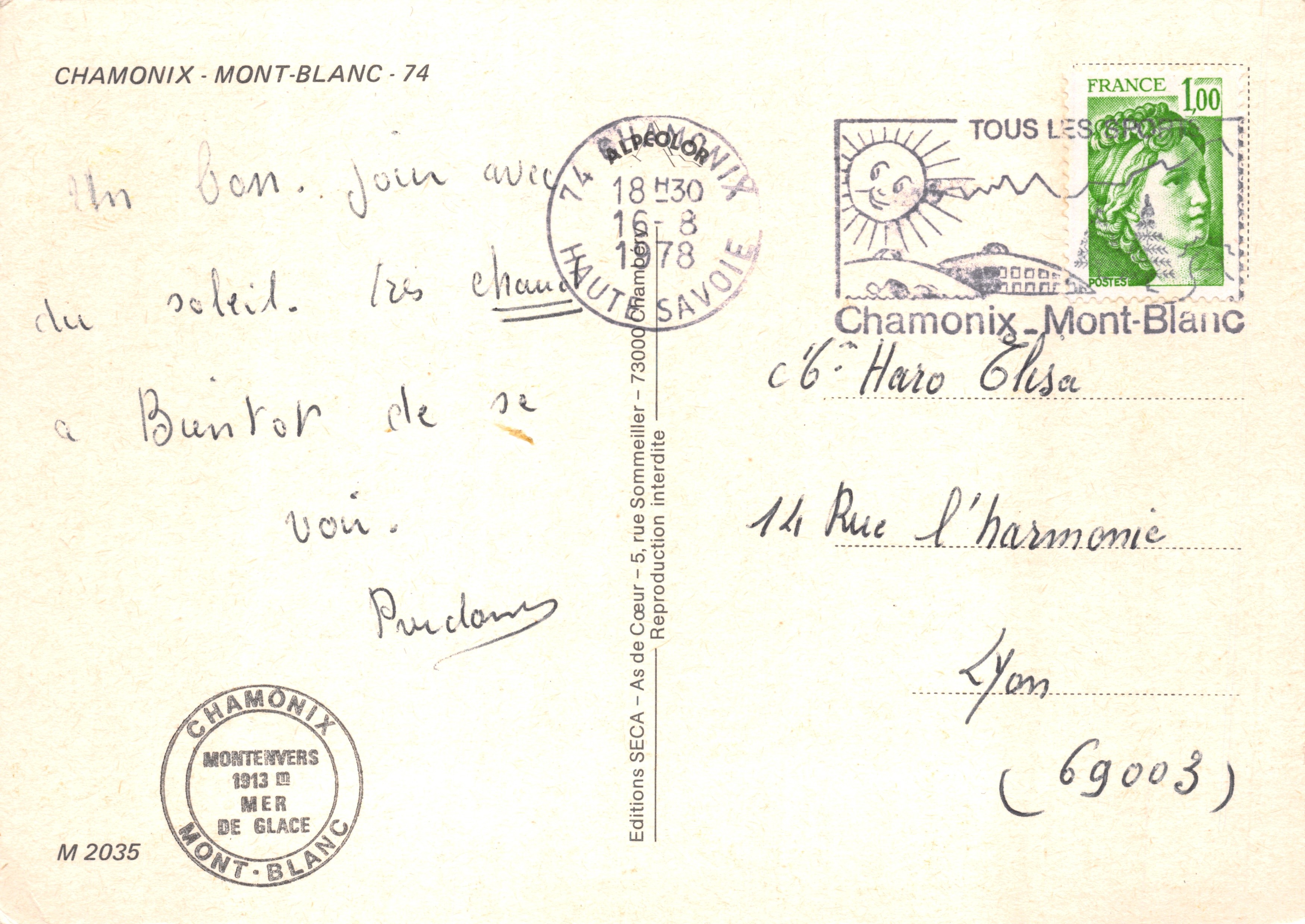 Chamonix Mont-Blanc — vista panoramica con funivia e ferrovia a cremagliera — Éditions SECA — Verso