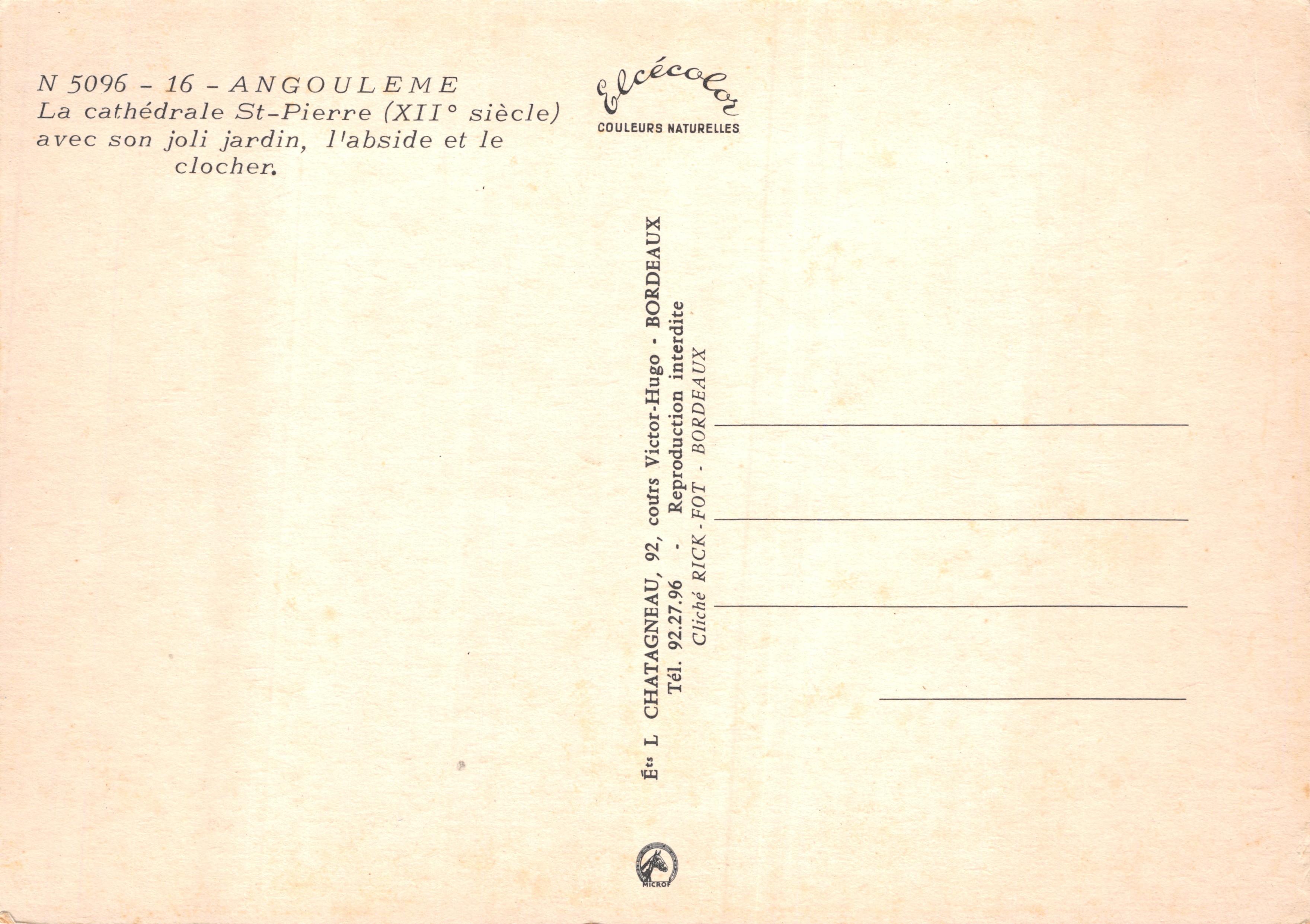 Angoulême — Cattedrale di San Pietro con il suo giardino, l'abside e il campanile — Editore Elcécolor — Verso