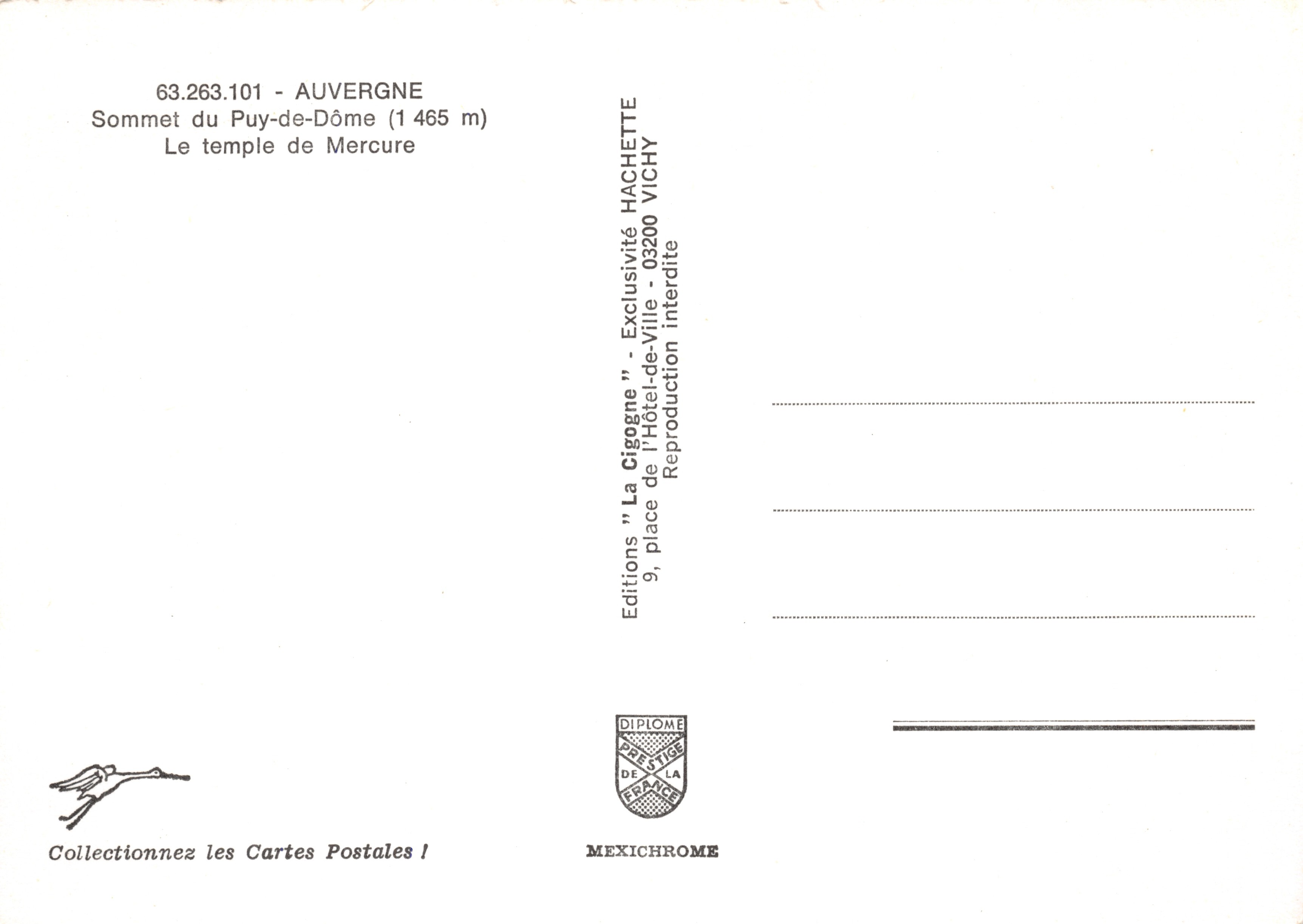 Top van het Puy-de-Dôme — het tempel van Mercure — Editions "La Cigogne" — Achterkant