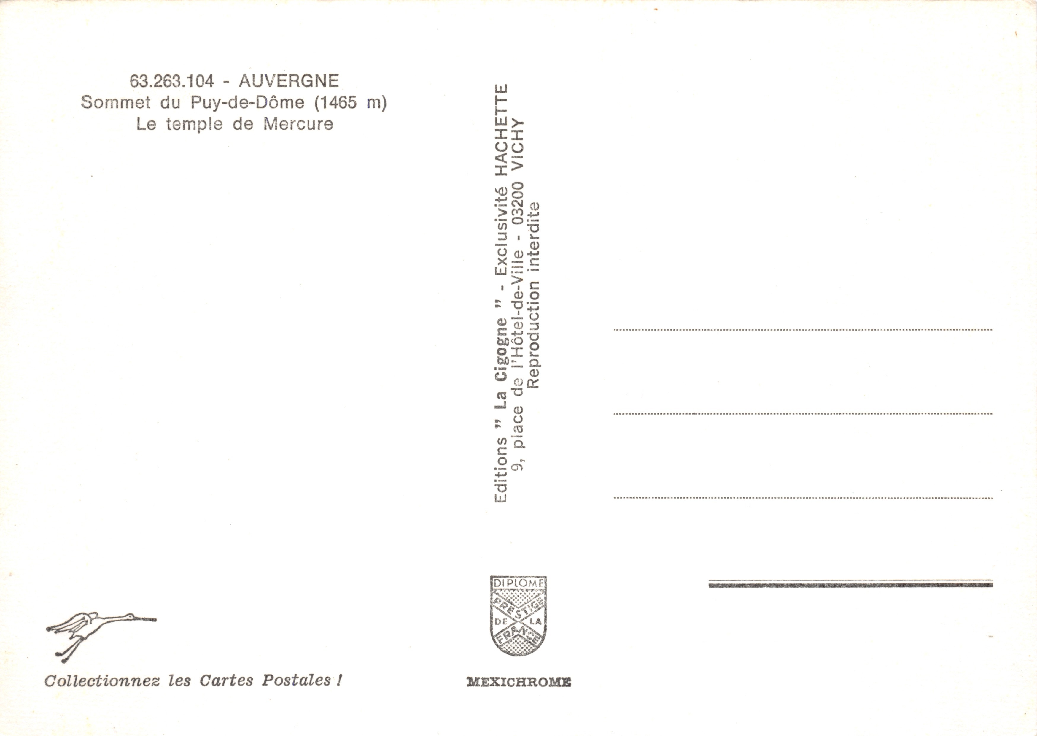 Top van het Puy-de-Dôme — tempel van Mercure — uitgever LA CIGOGNE n° 63.263.104 — Achterkant
