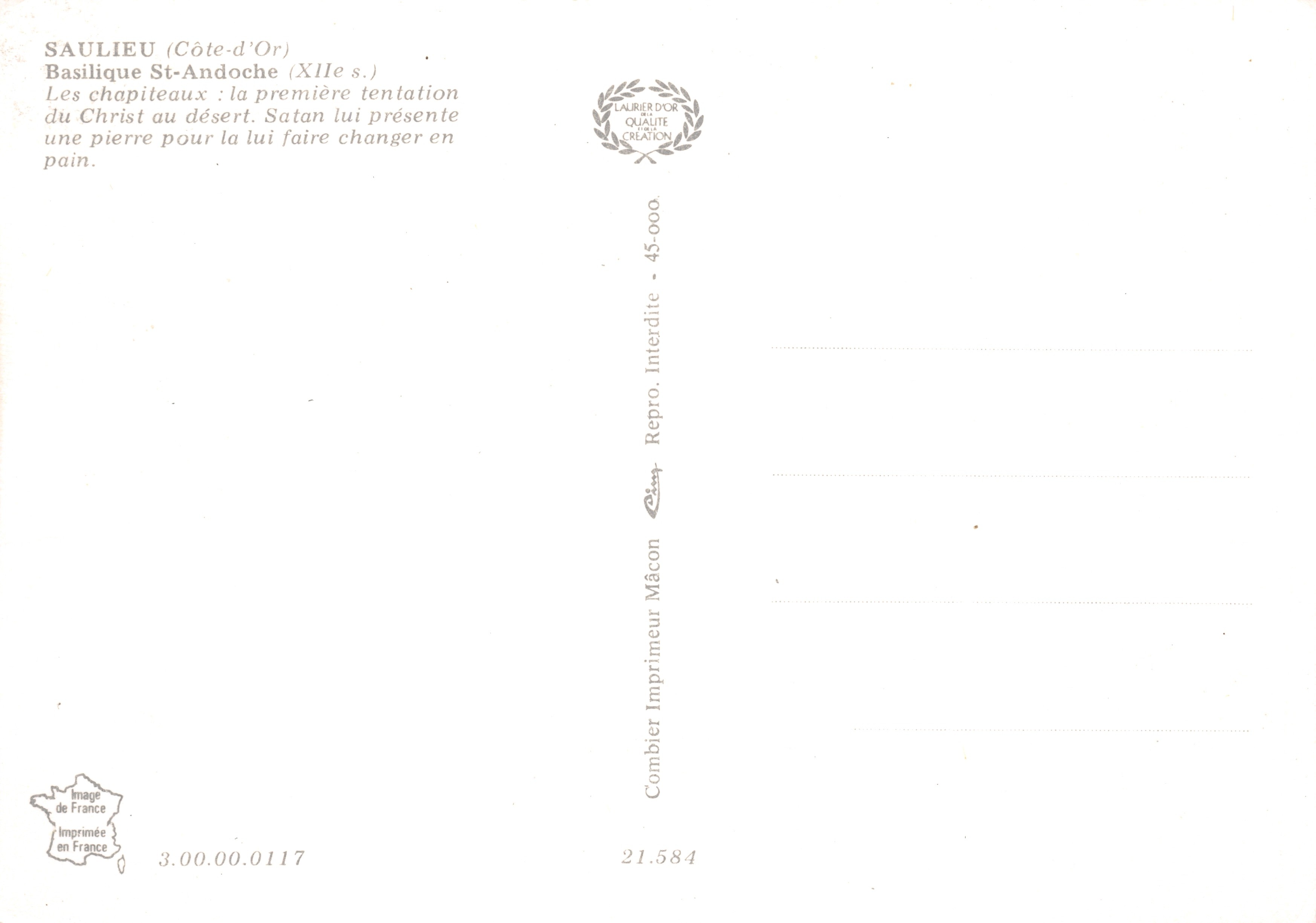 Saulieu (Côte-d'Or) — Capitello della basilica: la prima tentazione di Cristo — Editore Combier, Mâcon — Verso