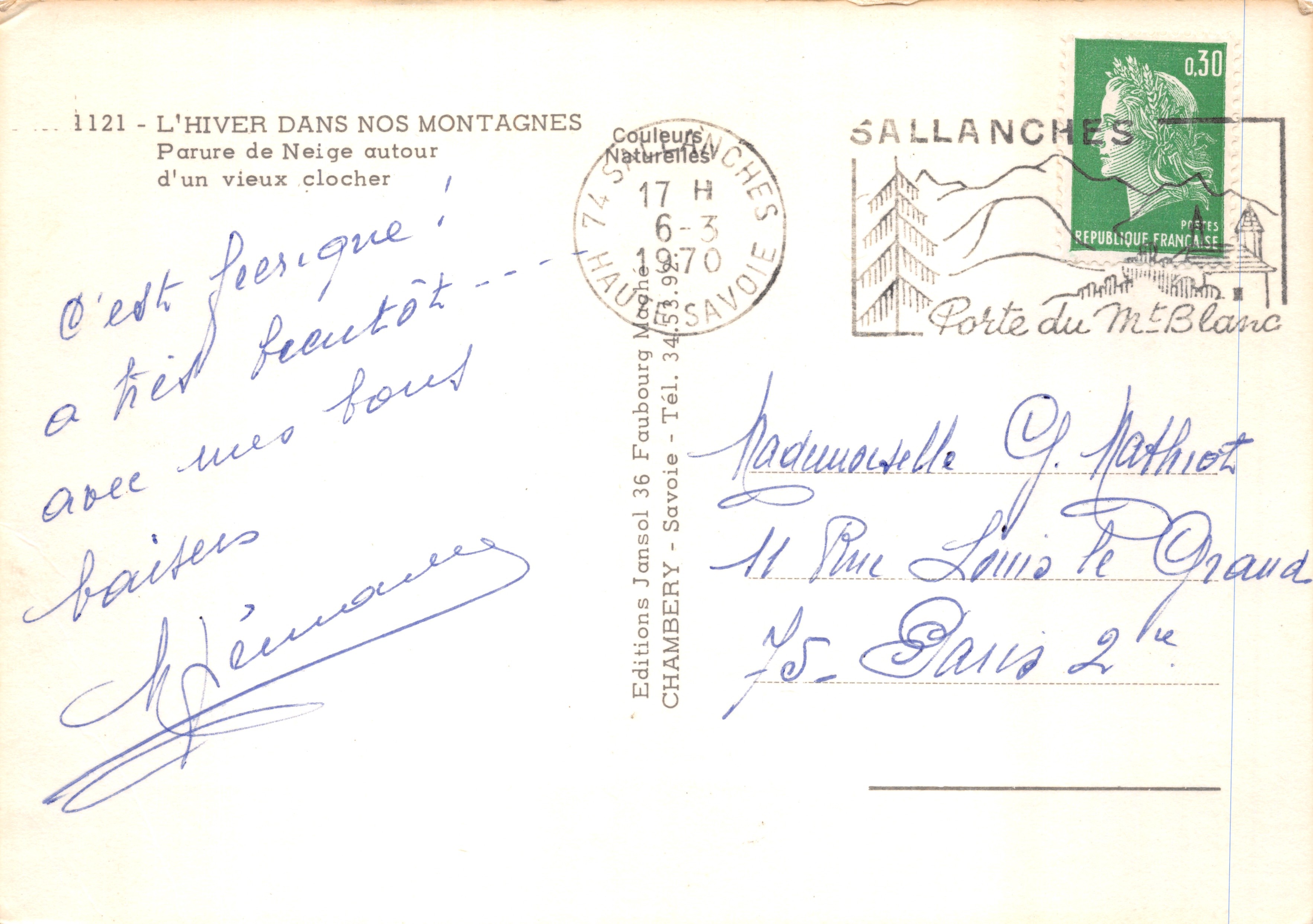 L'Inverno nelle nostre montagne — Paesaggio innevato intorno a un vecchio campanile — Éditions Jansbery, n. 1121 — Verso
