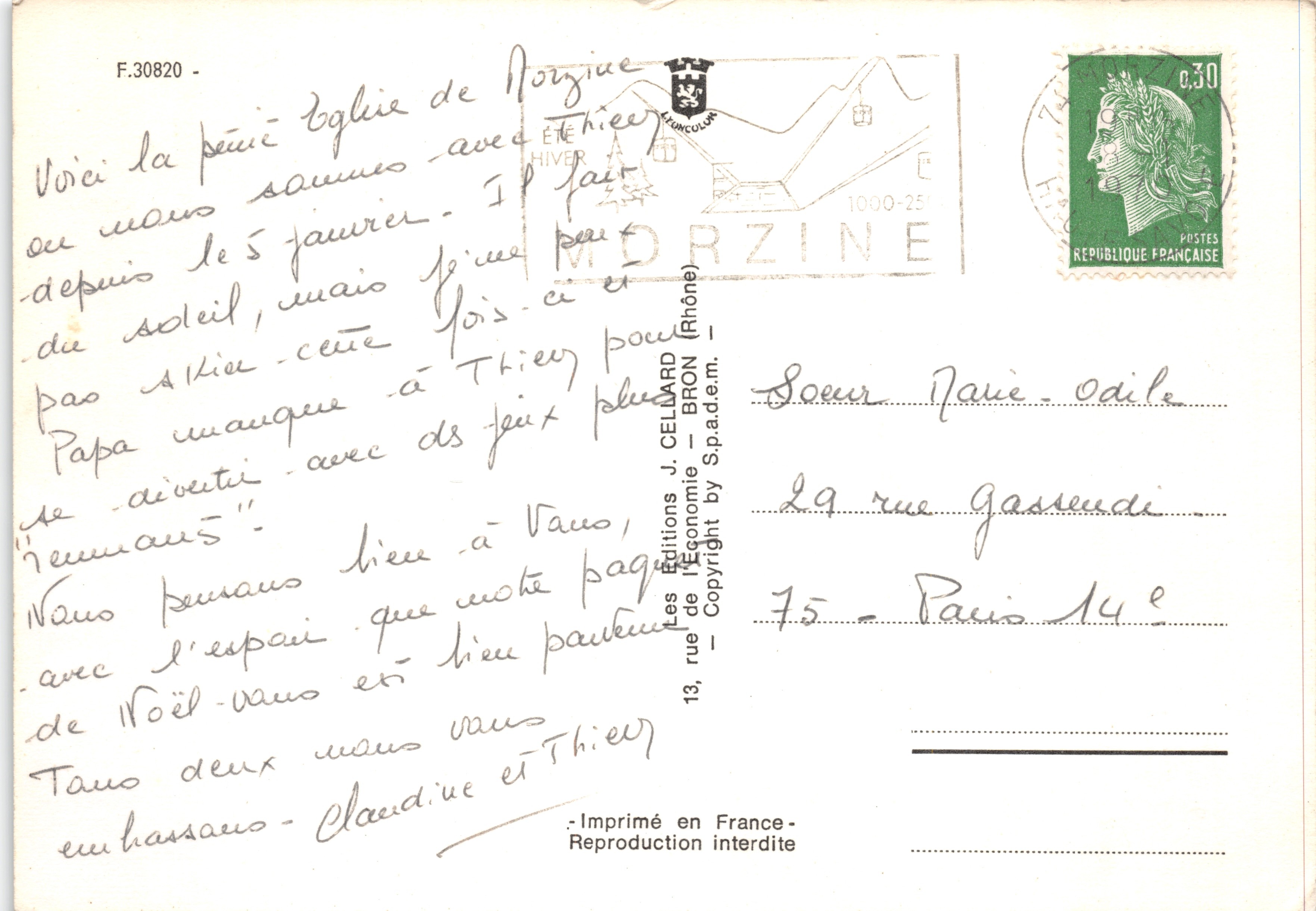 Chiesa di Morzine — vista invernale con campanile e montagne — Éditions J. Cellaard — Verso