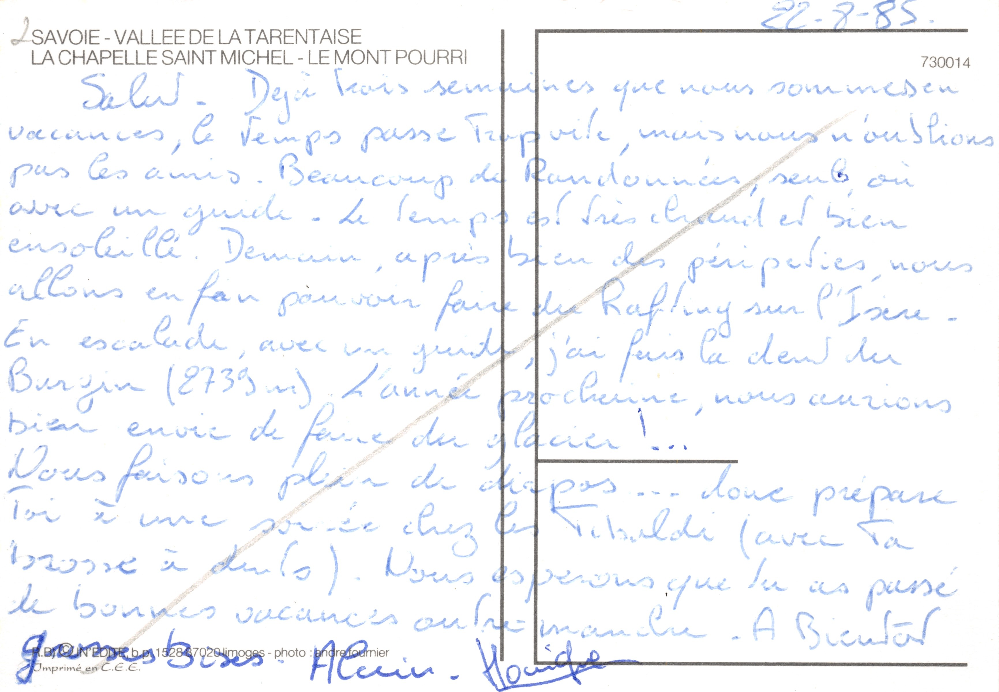 Savoie - Valle de la Tarentaise — La capilla de San Miguel al pie del Mont Pourri — Impreso en C.E.E. n° 730014 — Reverso
