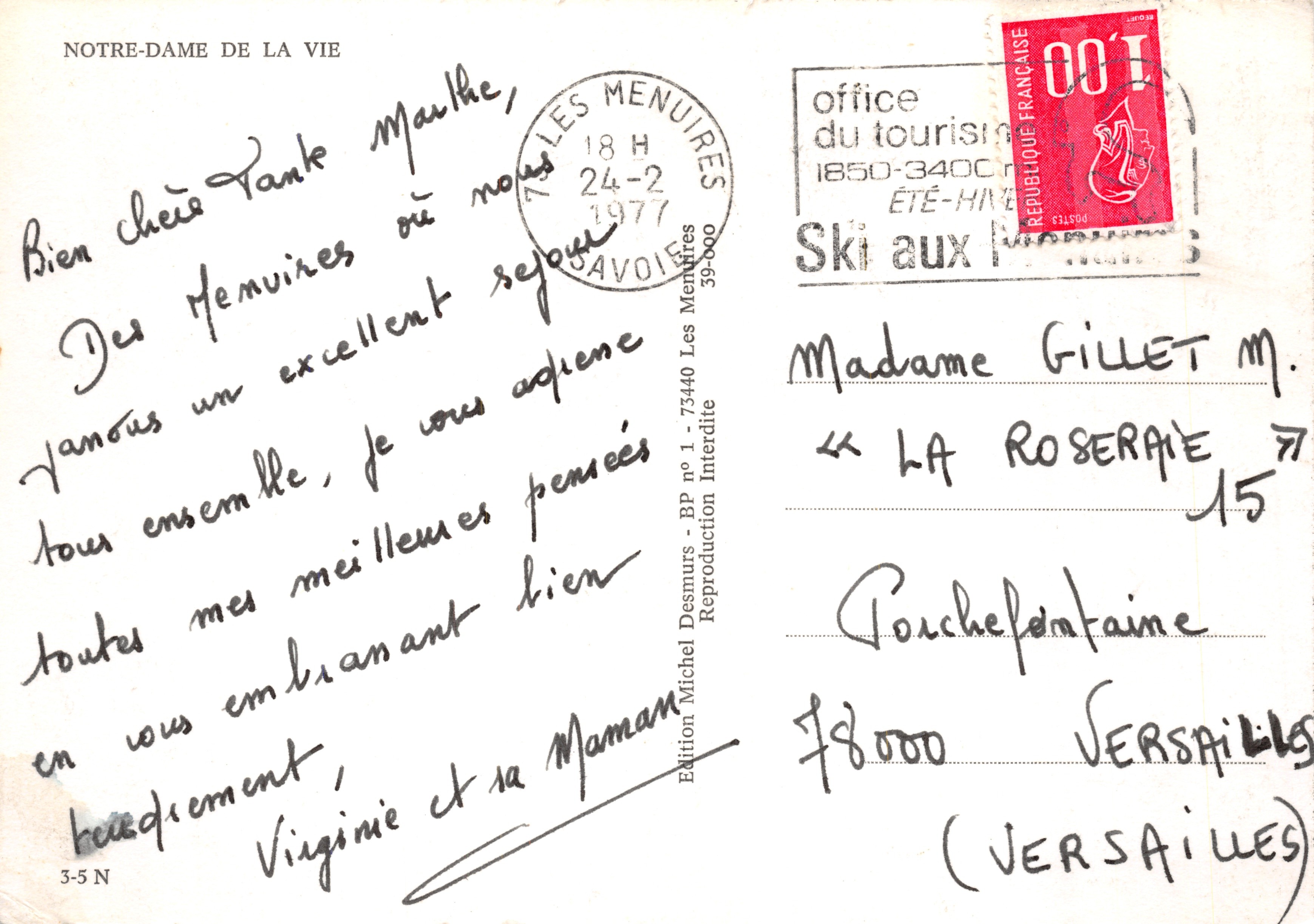 Unsere Liebe Frau des Lebens — schneedeckte Kirche in Les Menuires — Edition Michel Desmurs, BP n°1 — Rückseite