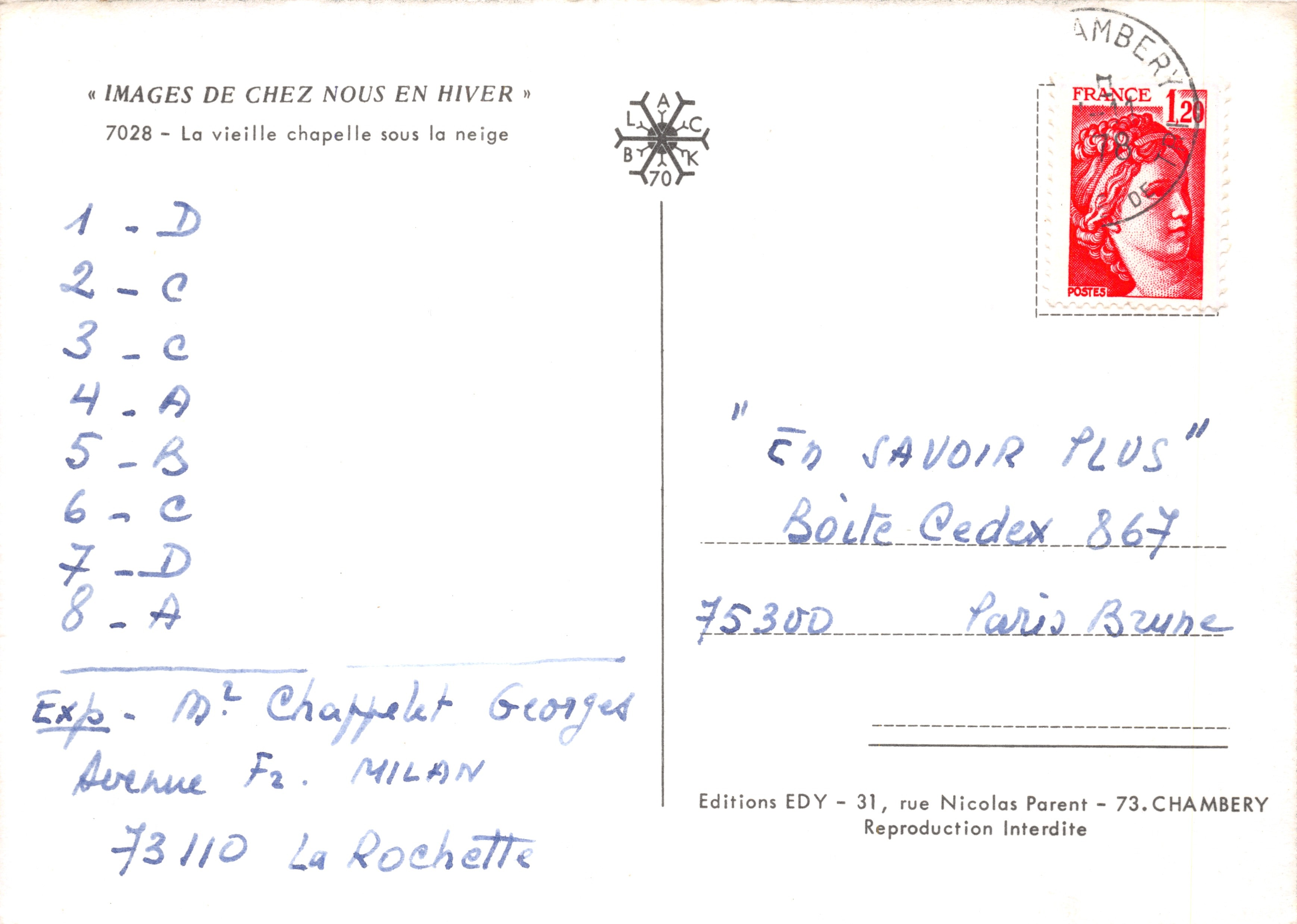 De oude kapel onder de sneeuw — Uitgever EDY, n° 7028 — Achterkant