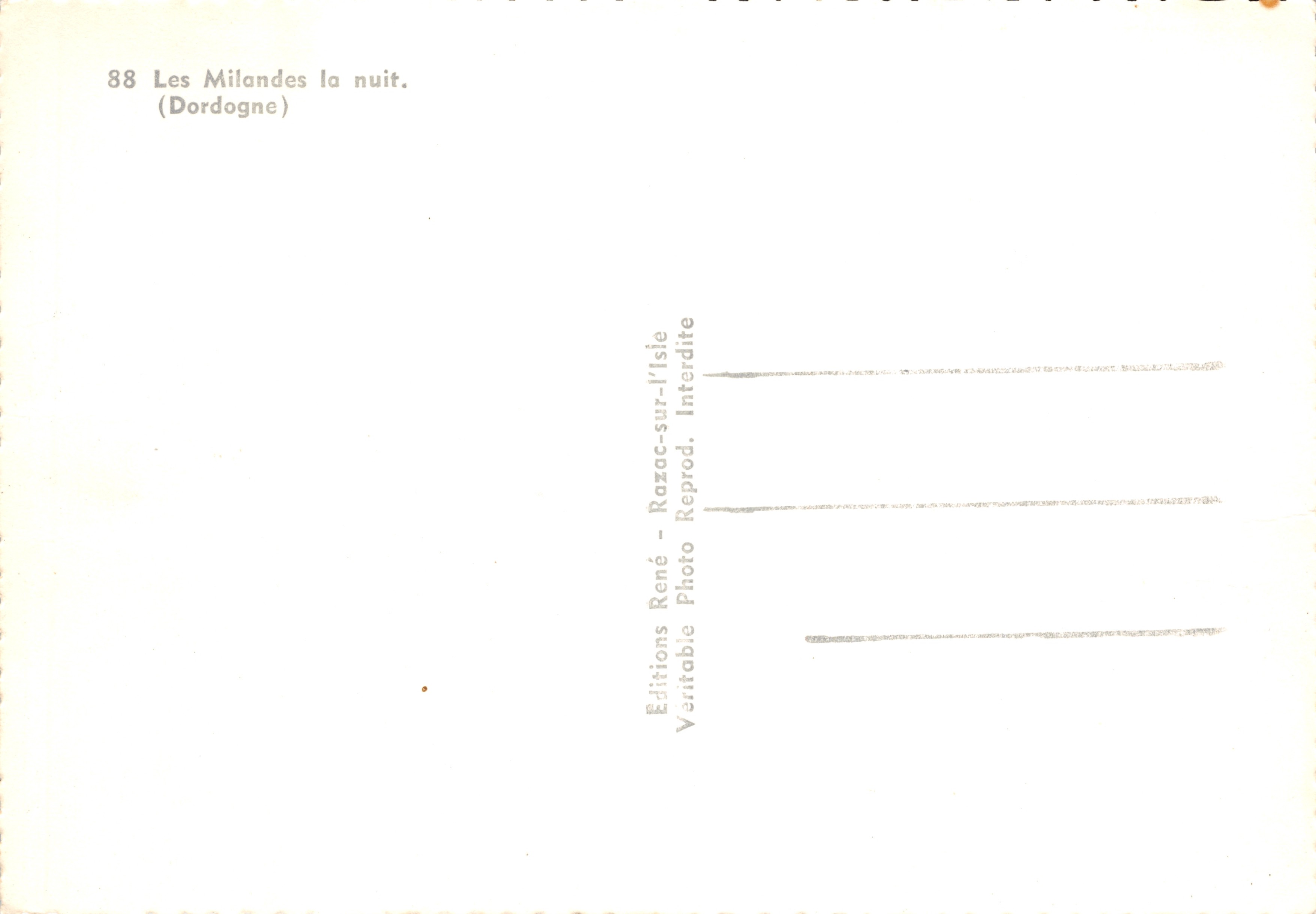 Les Milandes 's nachts — kasteel met toren en plantengroei — Éditions René, Razac-sur-l'Isle, n°88 — Achterkant