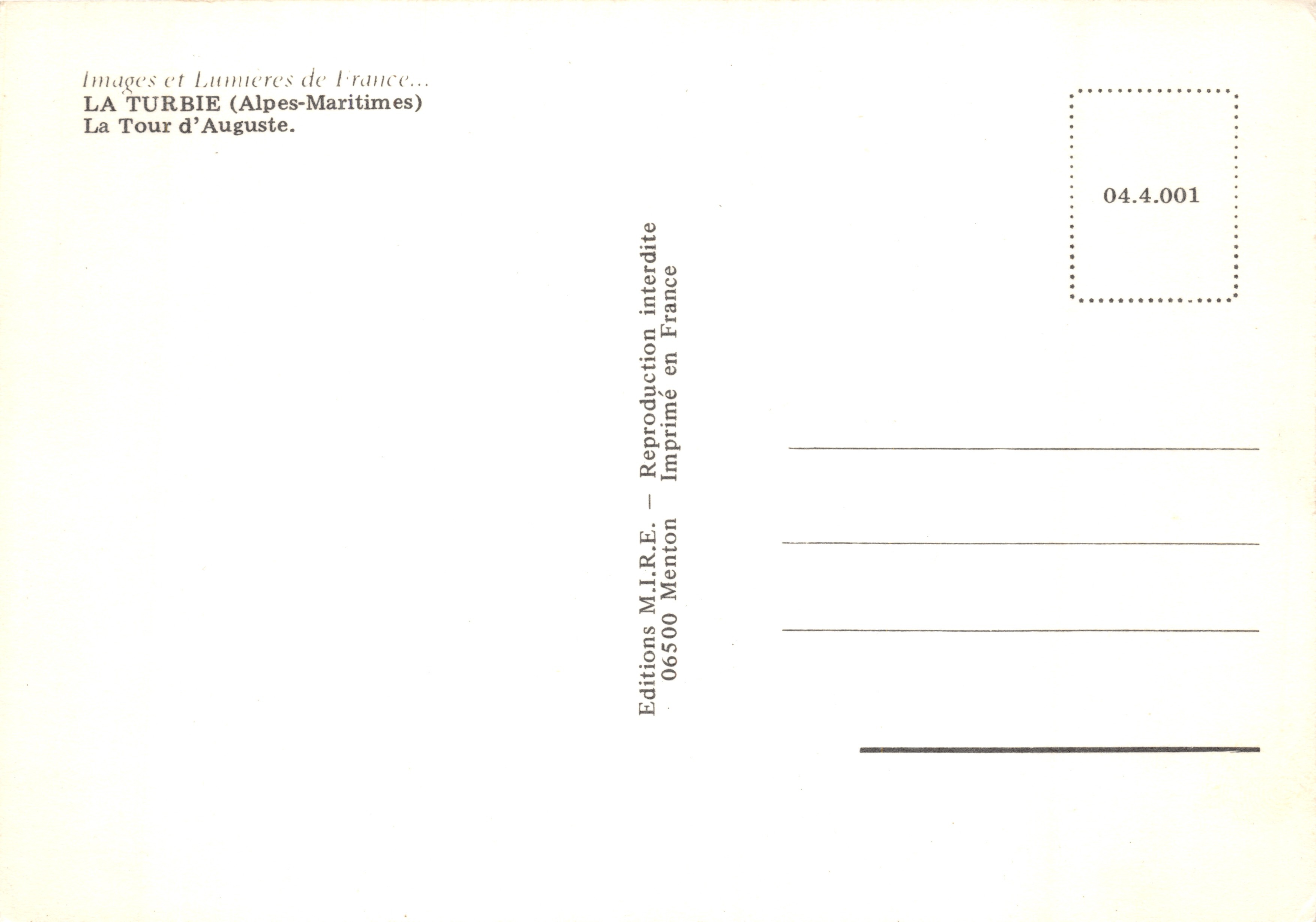 La Tour d'Auguste — Monument à La Turbie — Éditeur M.I.R.E. Menton — Verso