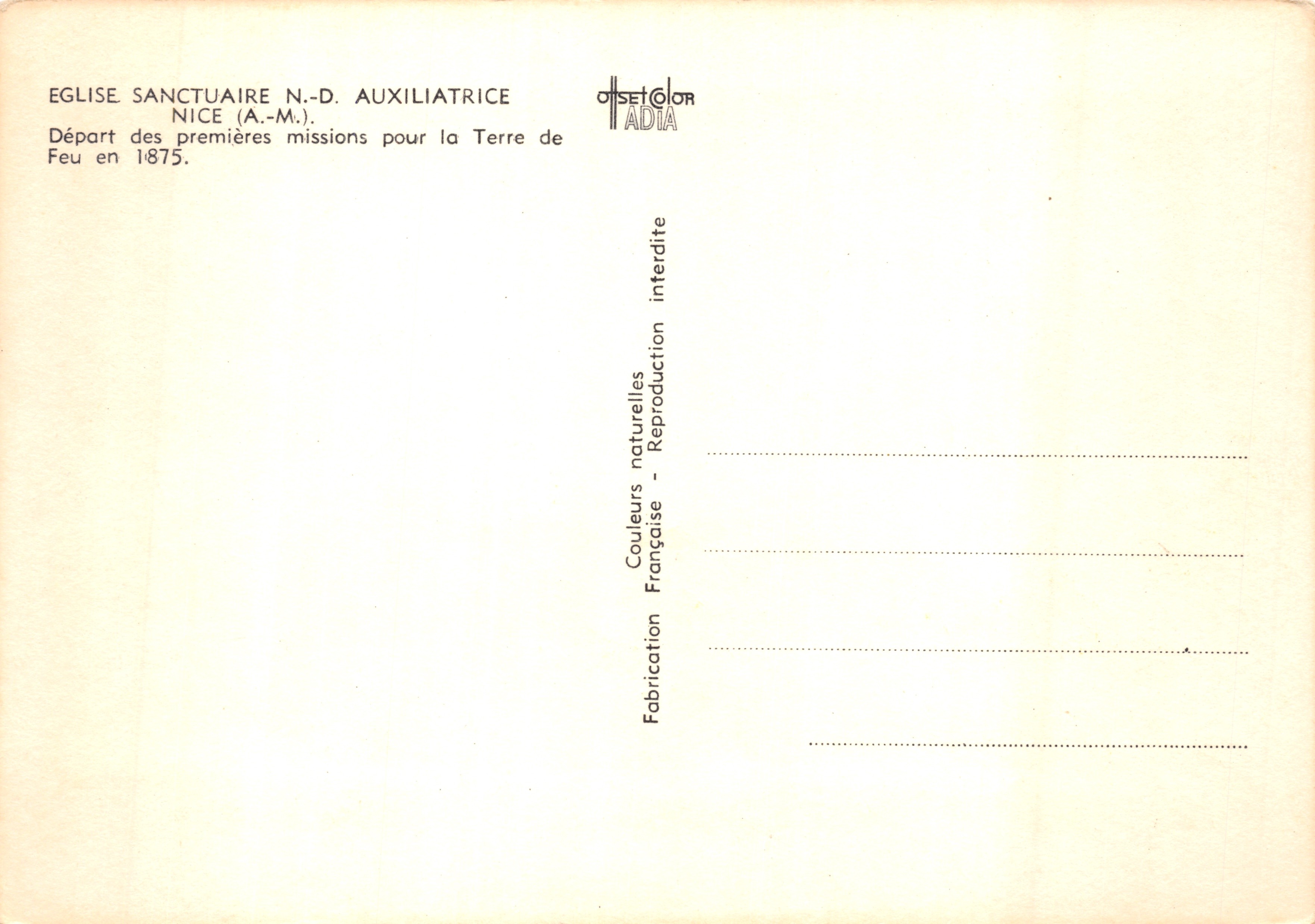 Départ des premières missions pour la Terre de Feu — Église Sanctuaire N.-D. Auxiliatrice, Nice (A.-M.) — Verso