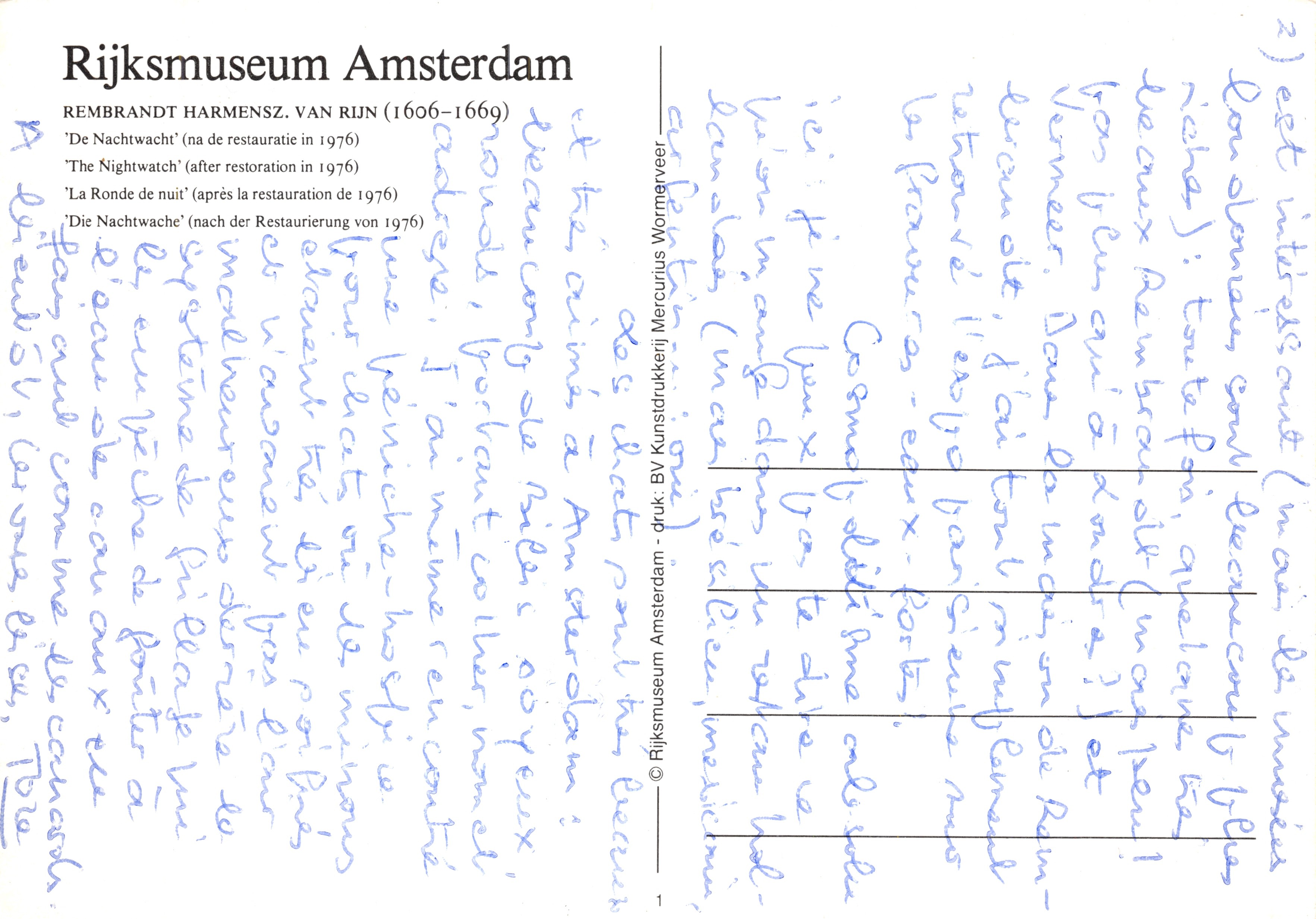 La Noche — escena del cuadro de Rembrandt — editor BV Kunstdrukkerij Mercuuris Wormerveer — Reverso