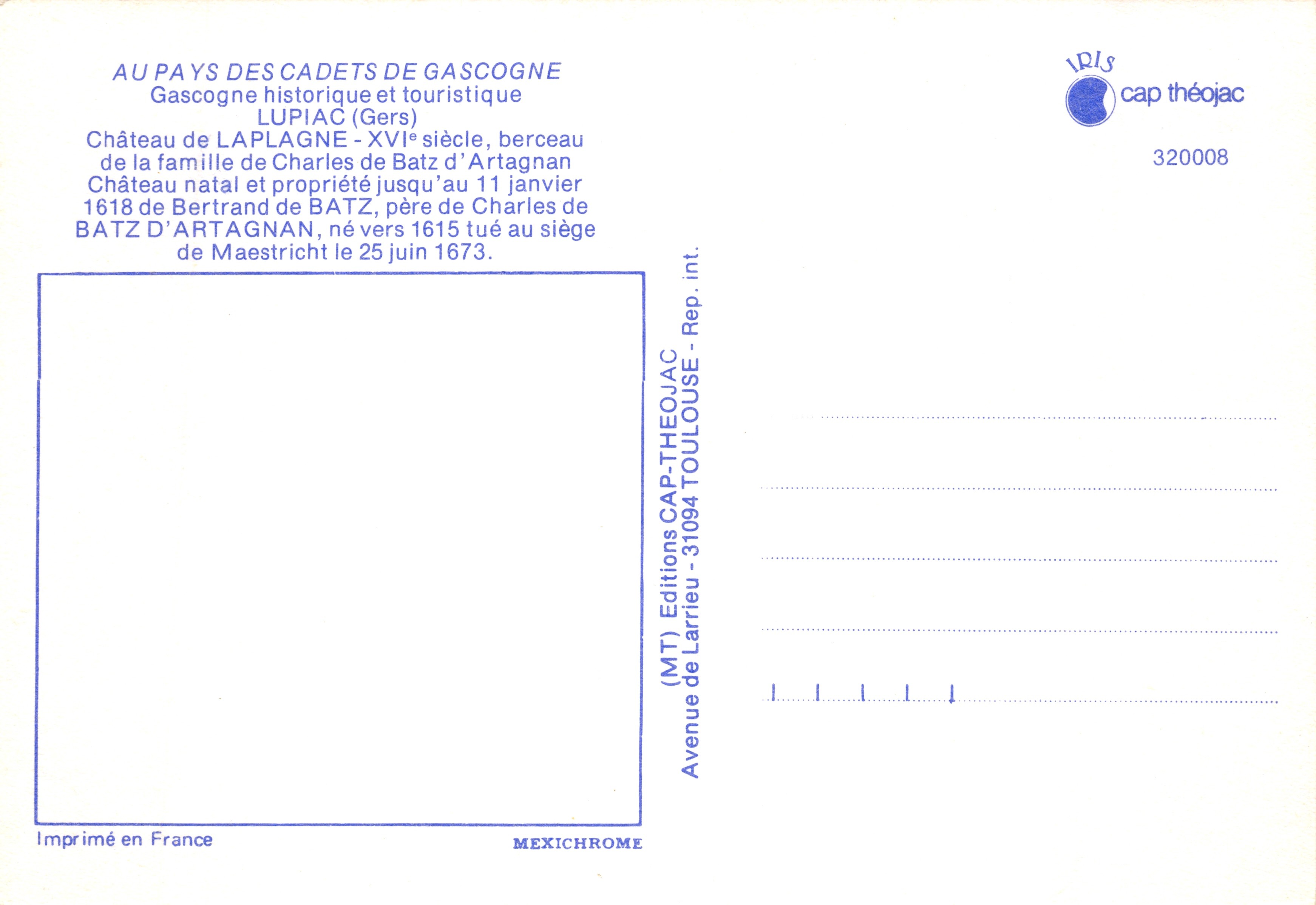 Château de Laplagne — berceau de la famille de Batz d'Artagnan — éditeur IRIS — Verso