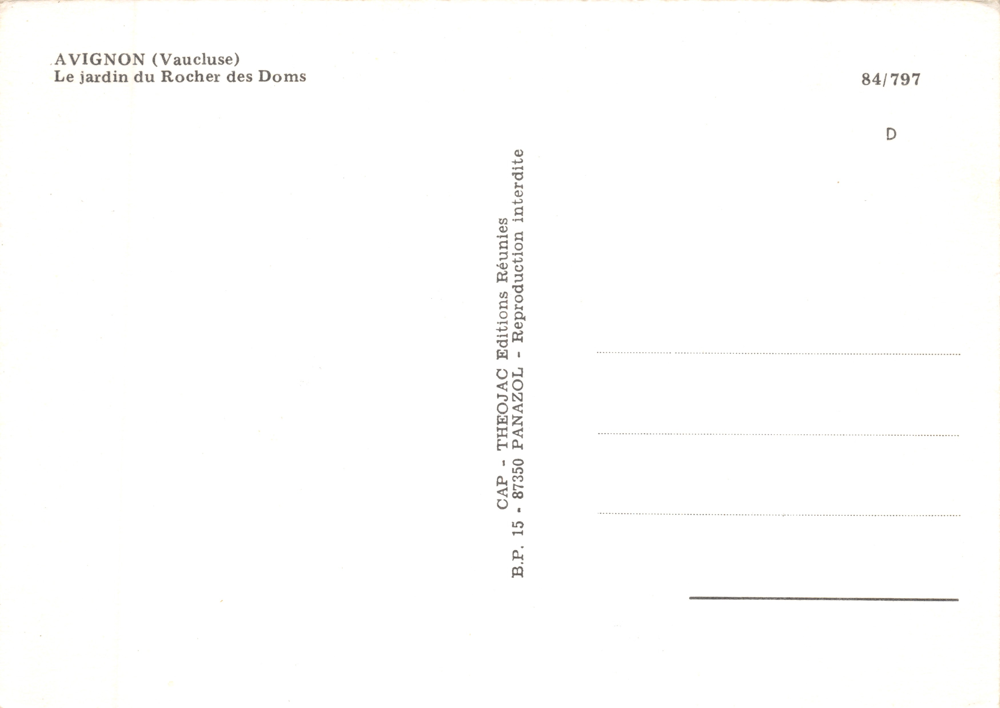 Giardino del Rocher des Doms — vista del bacino con statua e tulipani — editore CAP - THEOJAC — Verso