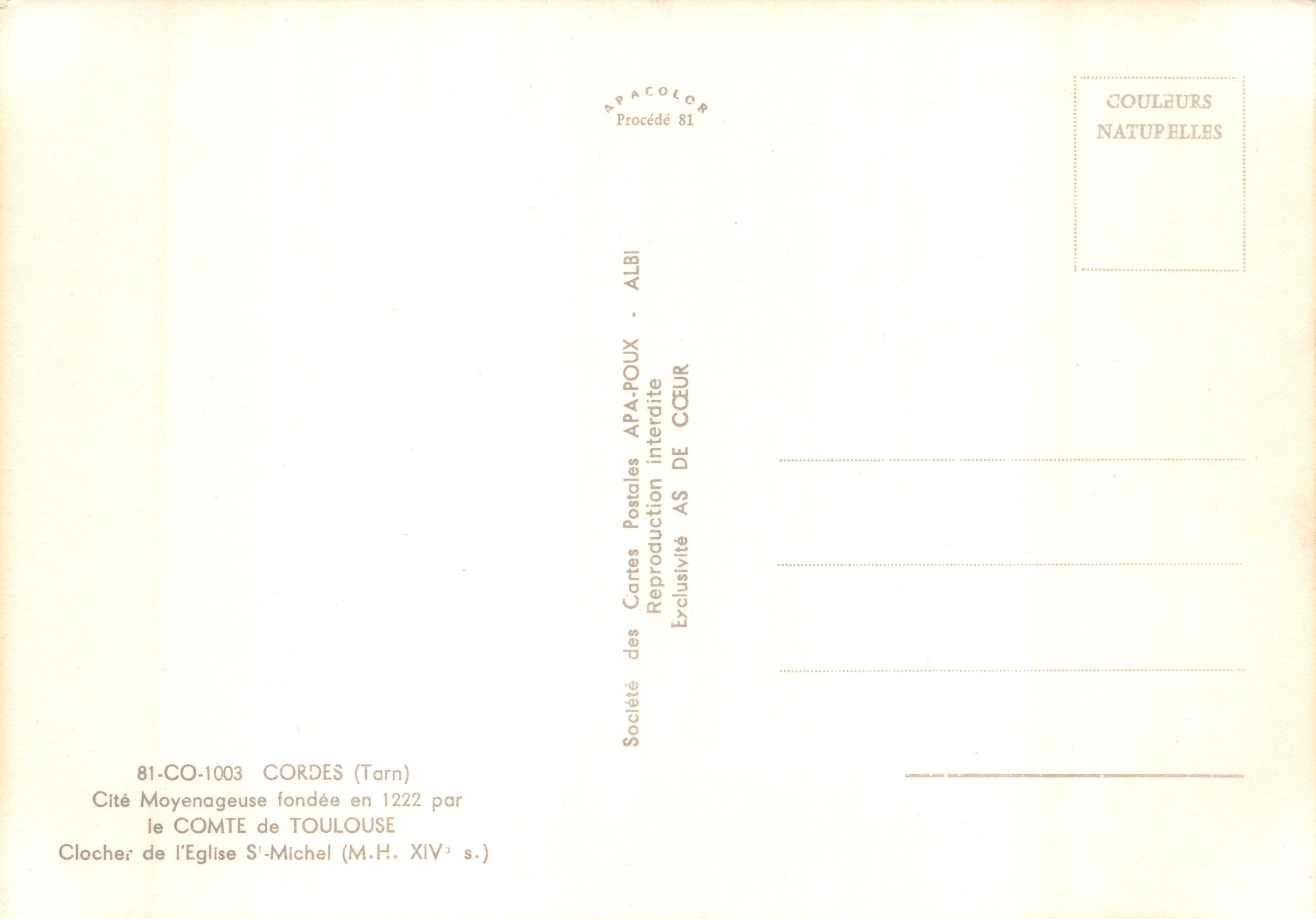 Cordes-sur-Ciel — Campanile della Chiesa di San Michele — Società delle Carte Postali APA-POUX - ALBI — Verso