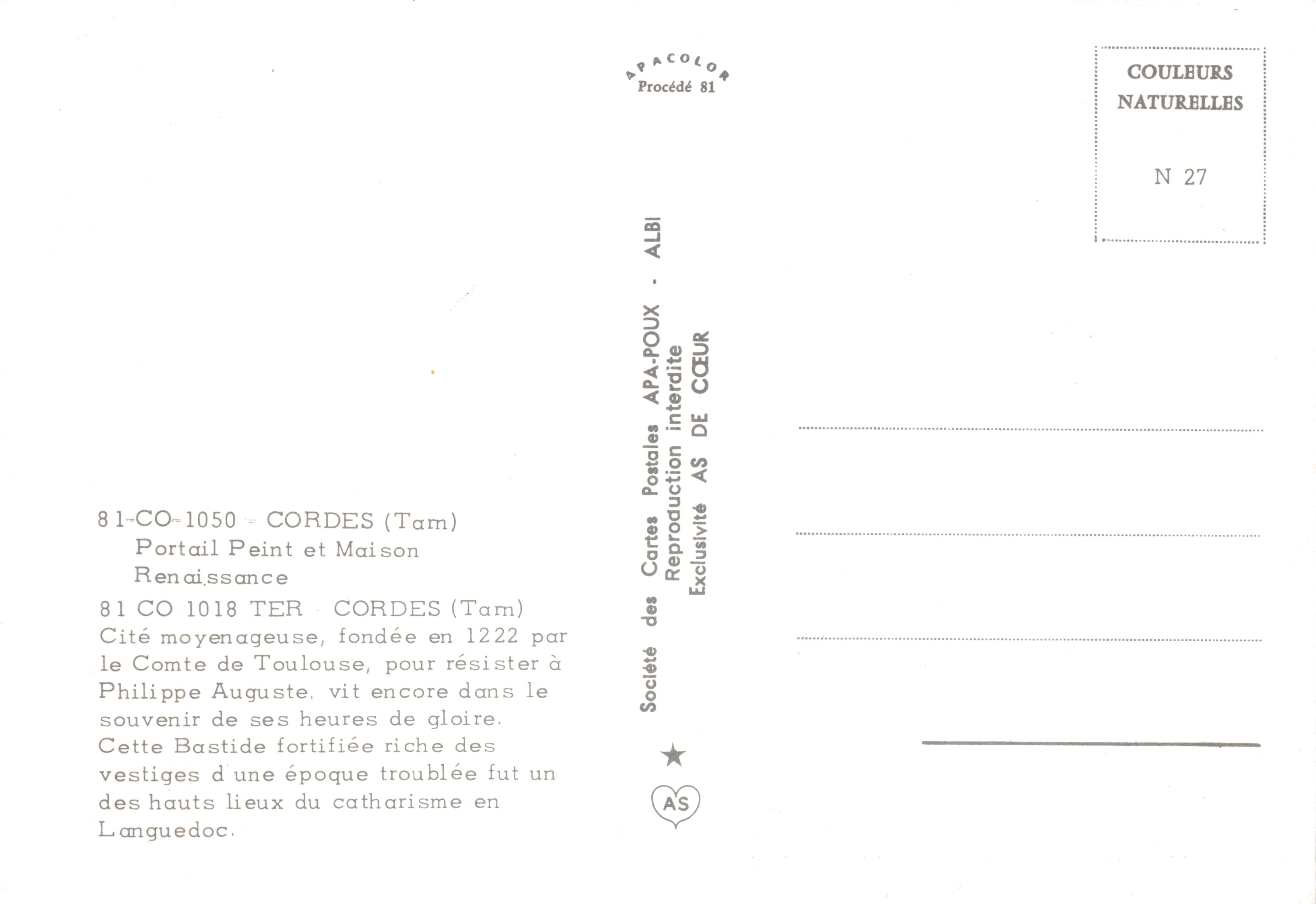Cordes-sur-Ciel — Portal y casa del Renacimiento — APA-POUX, ALBI, N° 27 — Reverso