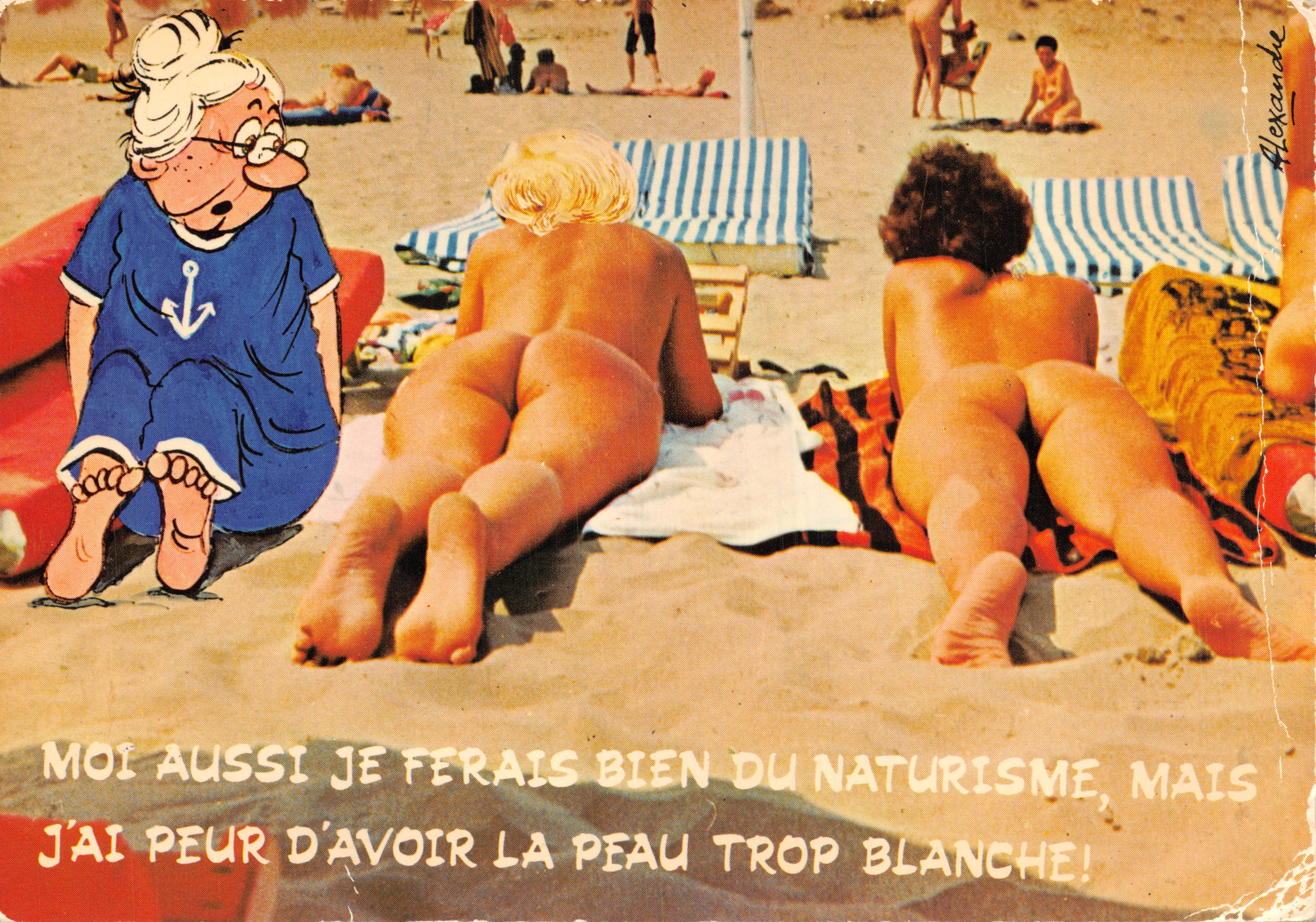 Plage de naturisme — scène humoristique avec personnage caricatural — Éditeur LYNA - PARIS, Série 'NATURISTE' n°523/6